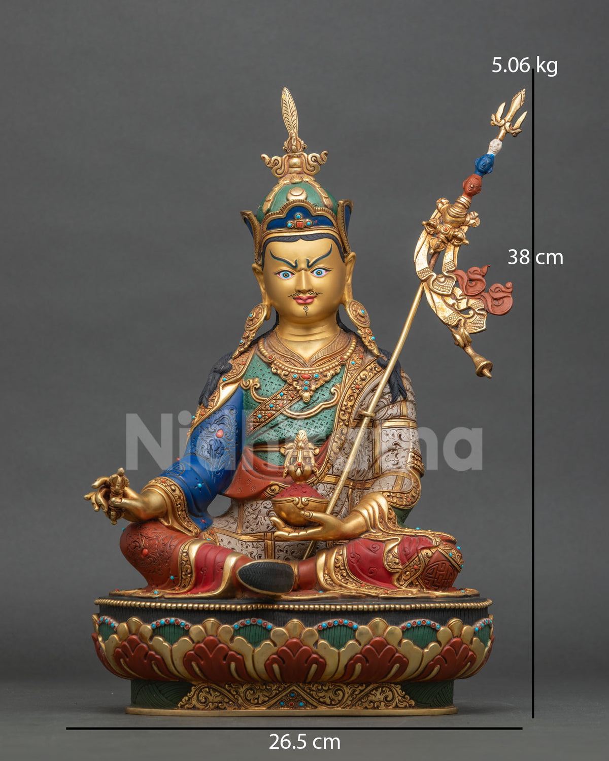 Guru Rinpoche Statue Front View | Hand-Painted Gold Gilded Copper Sculpture