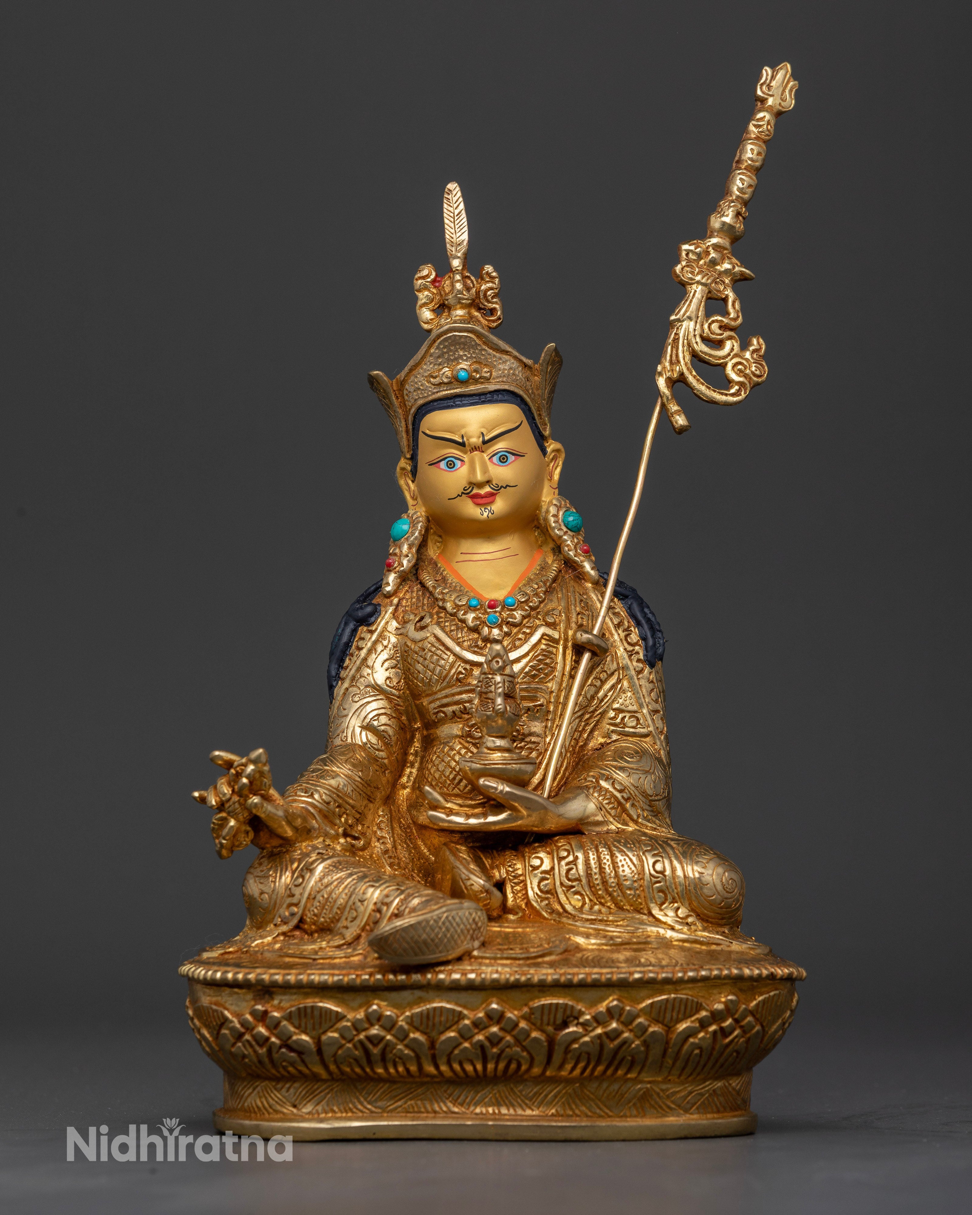 Guru Rinpoche statue handcrafted copper gold fire gilded from Patan Nepal.