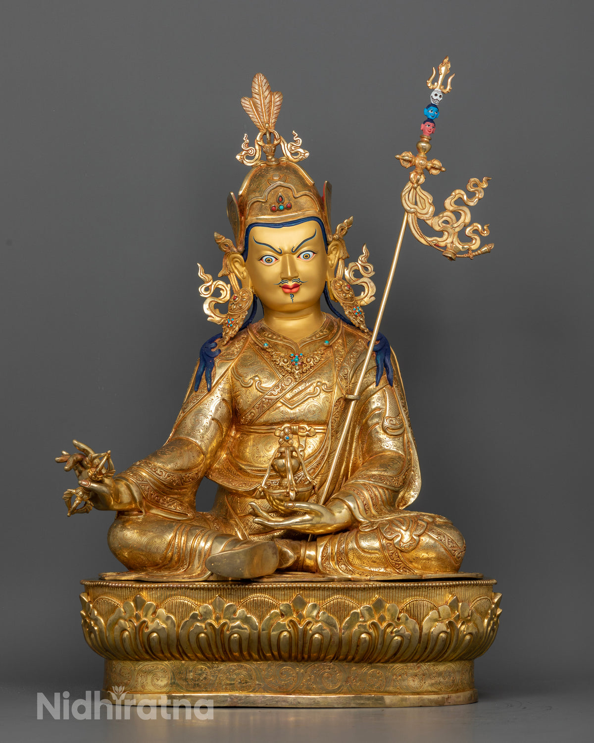 Guru Rinpoche Statue handcrafted in copper with 24K gold gilding and a finely gold-painted face