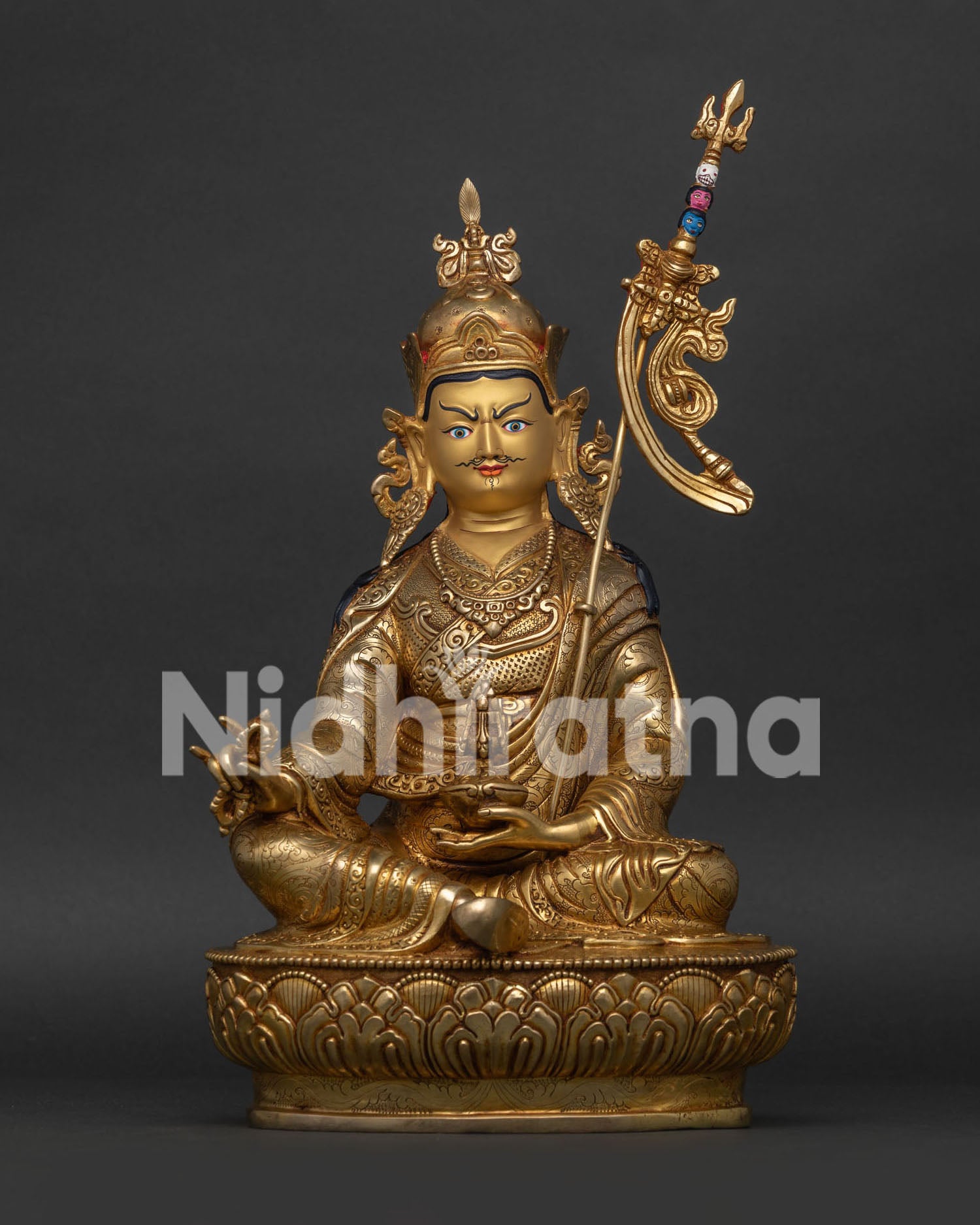 guru rinpoche statue handcrafted in nepal with 24k gold fire gilding front view