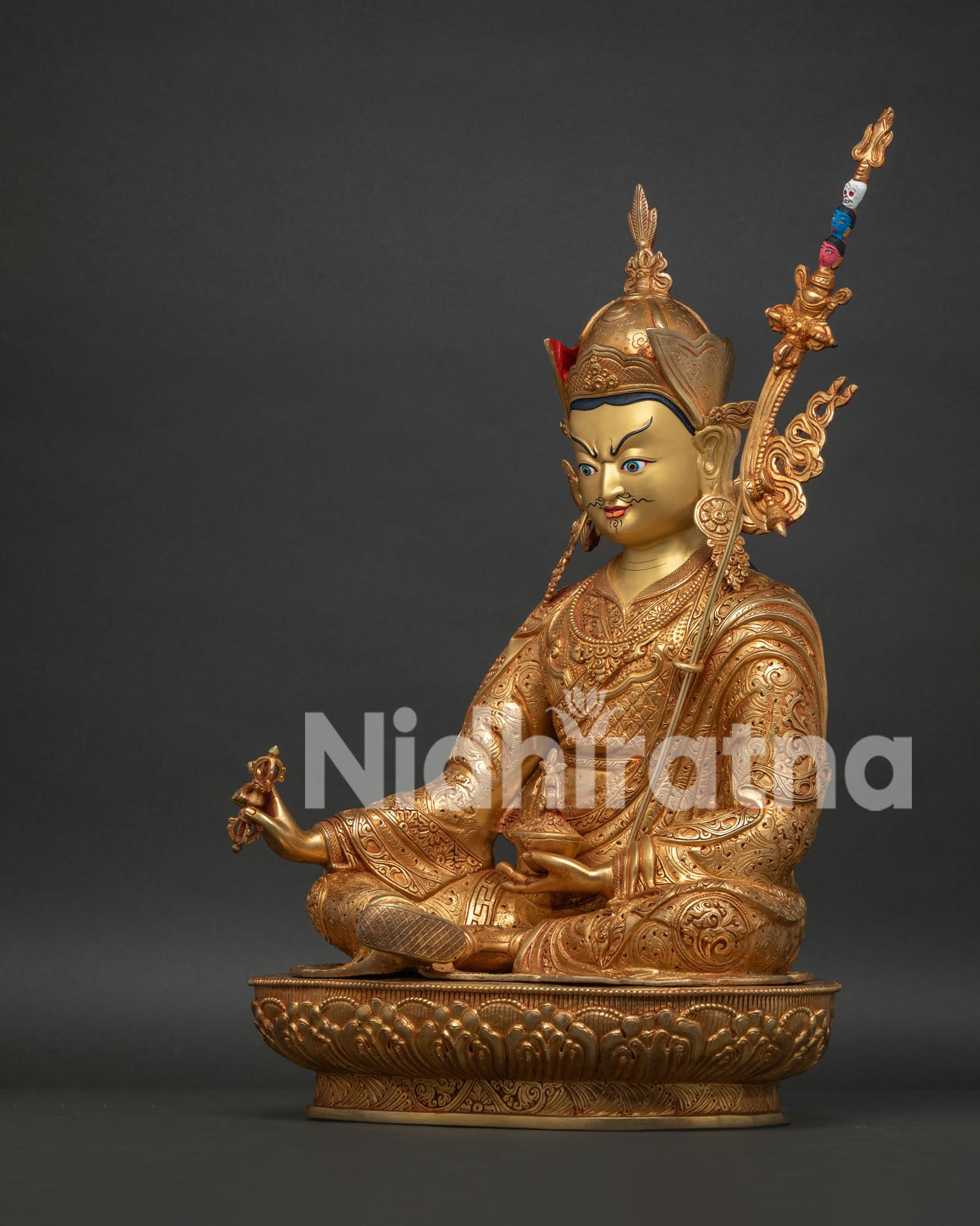 Guru Rinpoche Statue handcrafted Nepalese copper left side view