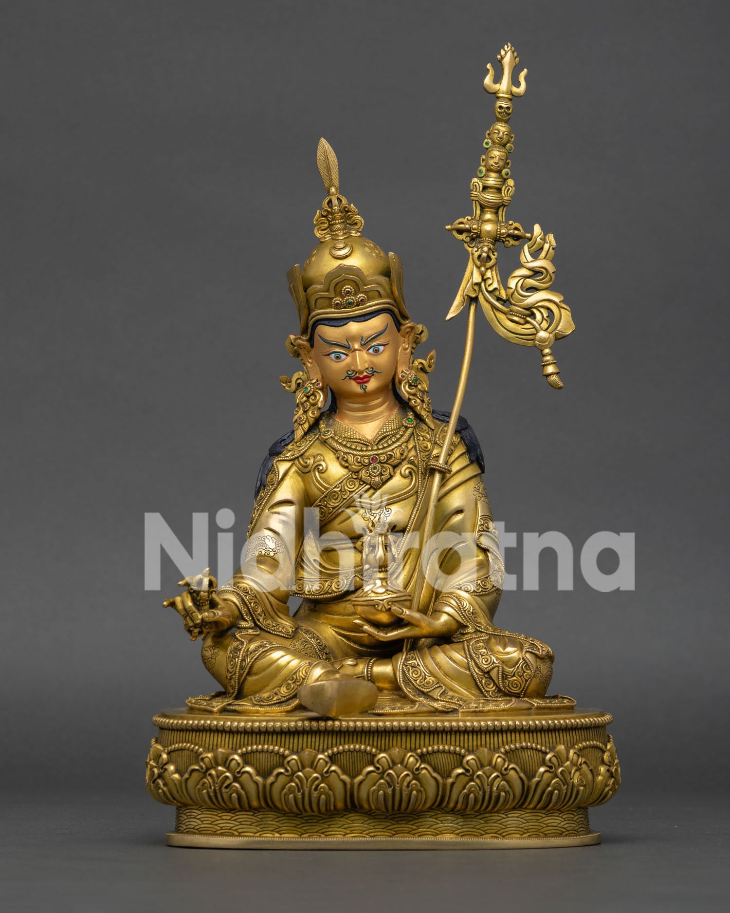 Guru Rinpoche Statue Handmade in Nepal 24K Gold Gilded Padmasambhava on Lotus Throne