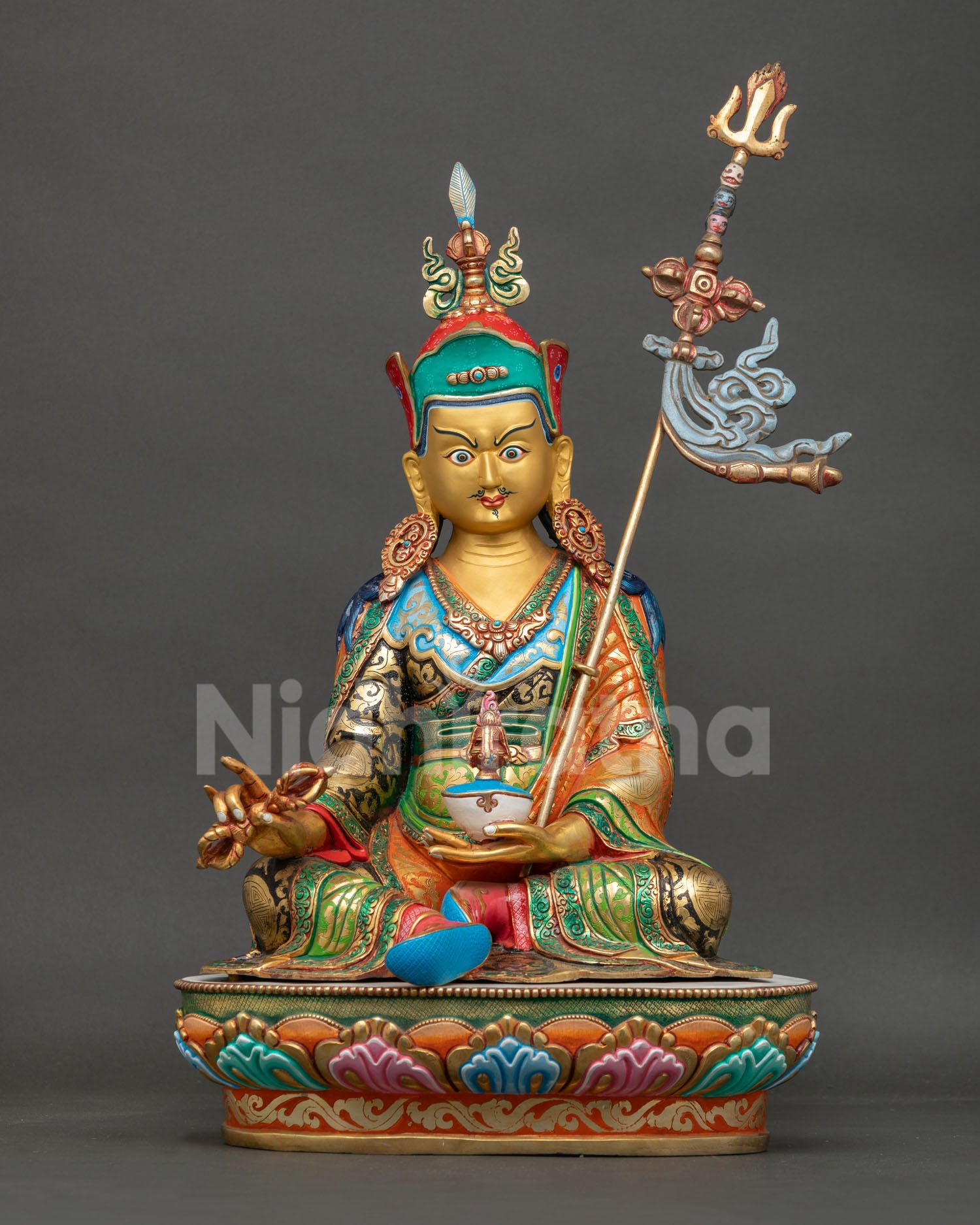 Guru Rinpoche Statu, handmade by a Newari artist from Patan, Nepal, in copper with a 24K gold painted face and sacred Buddhist details