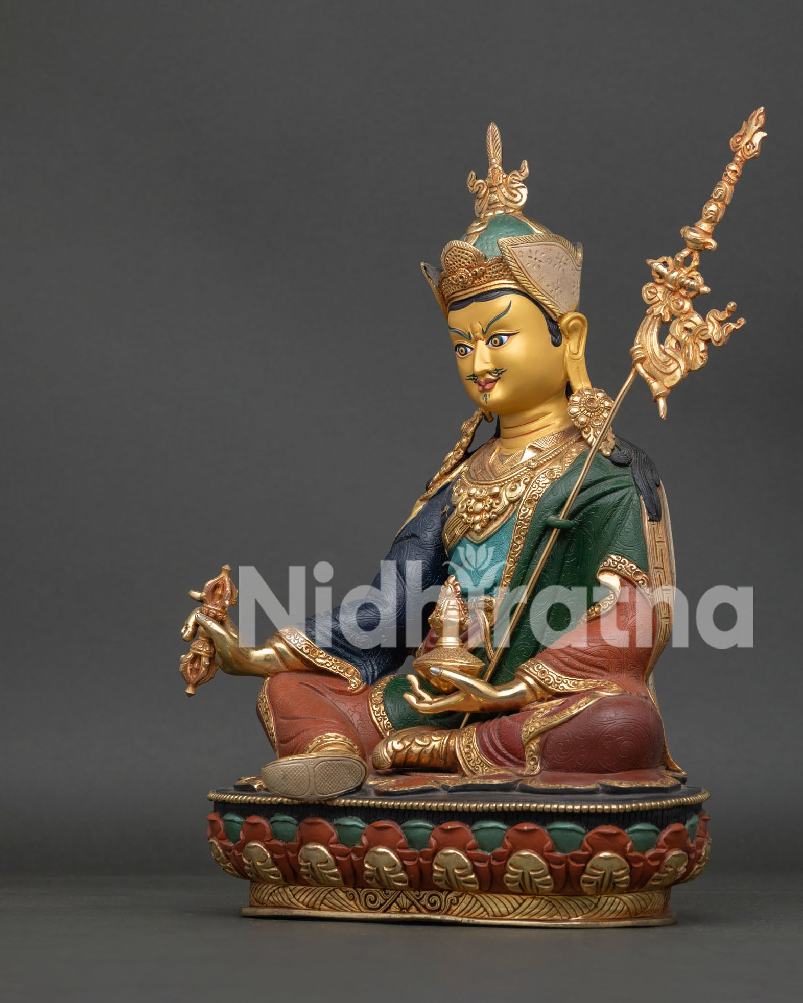 Guru Rinpoche Statue Left View Skull Cup Longevity Vase Detail