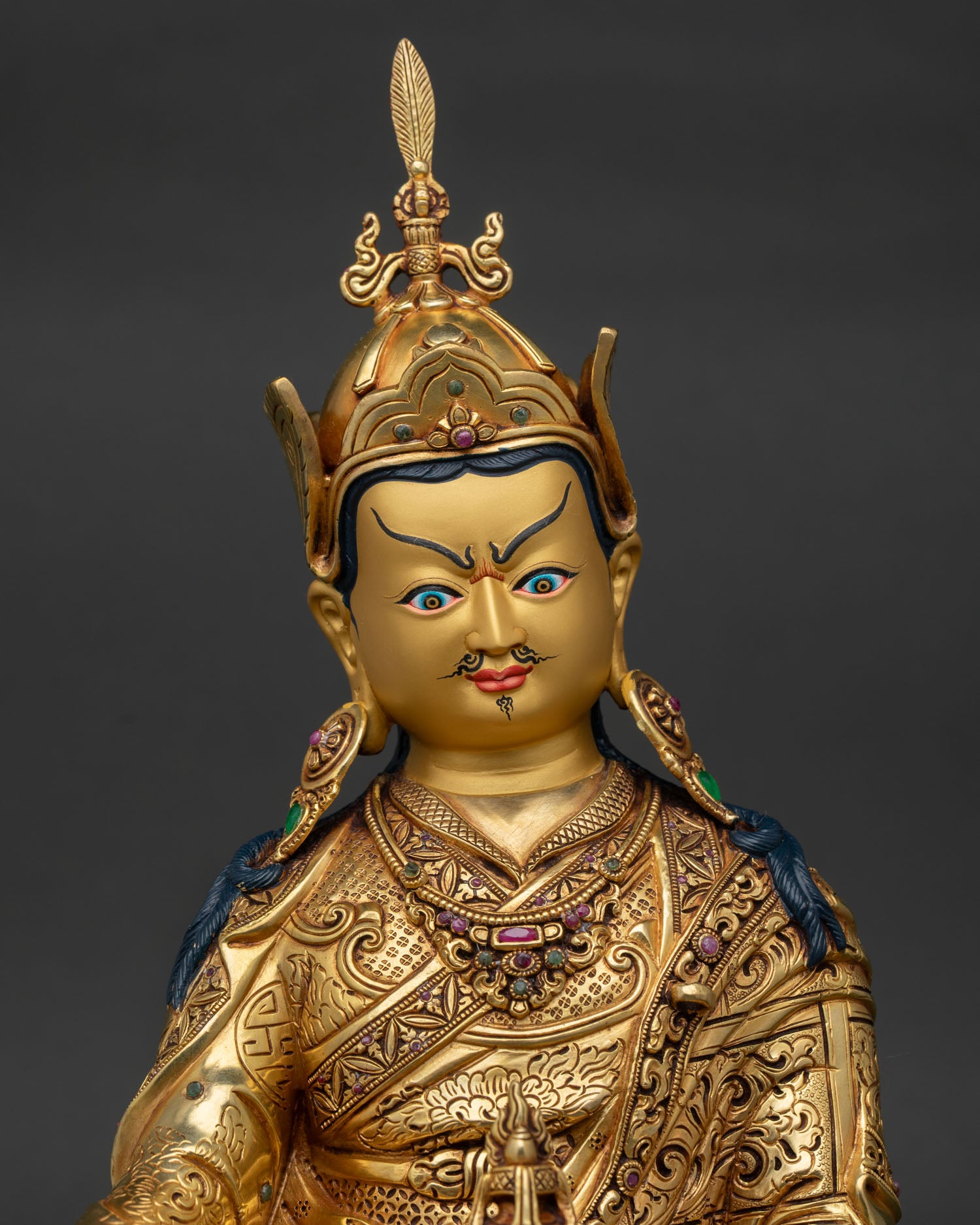 Guru Rinpoche Statue regular close up copper gold gilded Padmasambhava figure