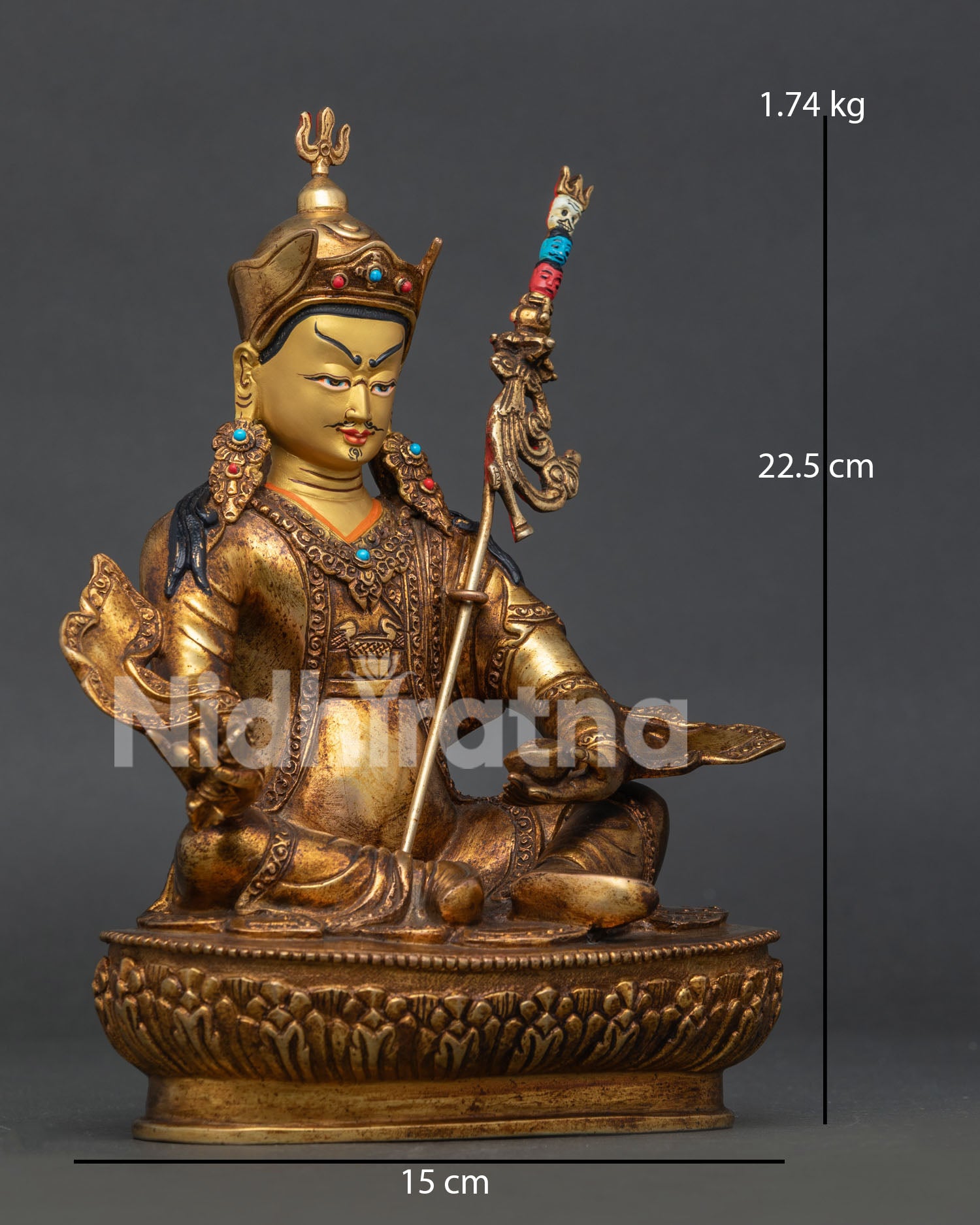 Guru Rinpoche Statue Right Side View with 24K Gold Fire Gilded Copper Finish