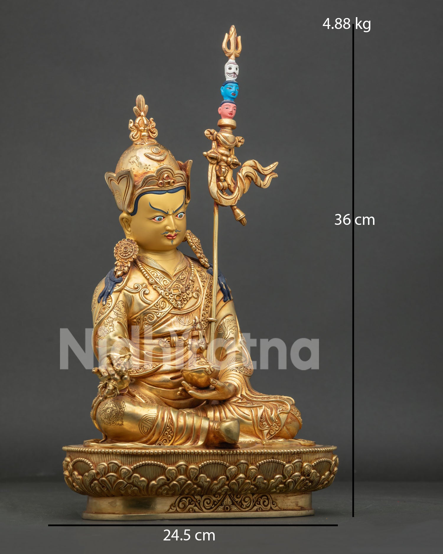 Guru Rinpoche Statue Right Side View Gold Gilded Buddhist Sculpture