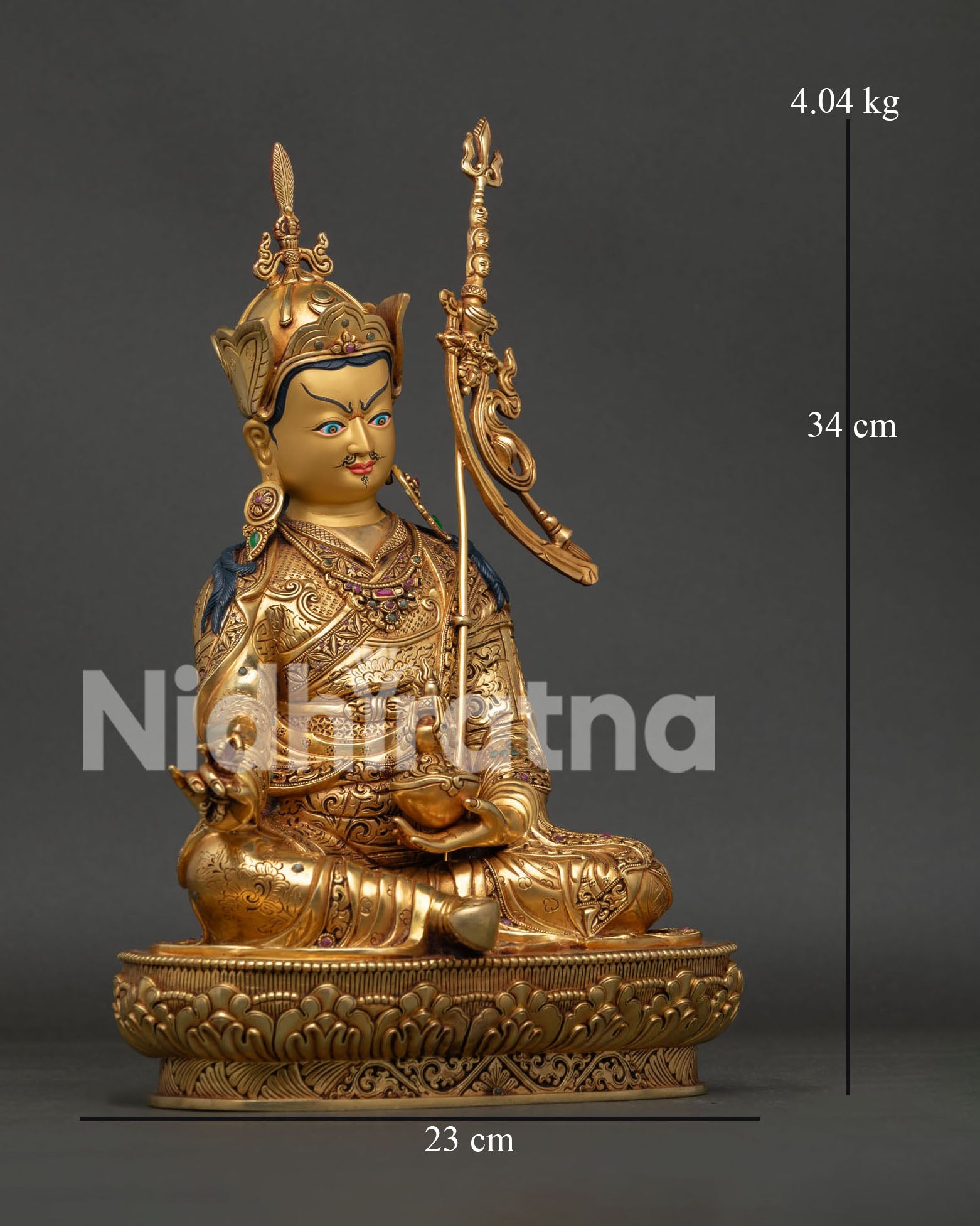 Guru Rinpoche Statue right view side with lotus throne and sacred attributes