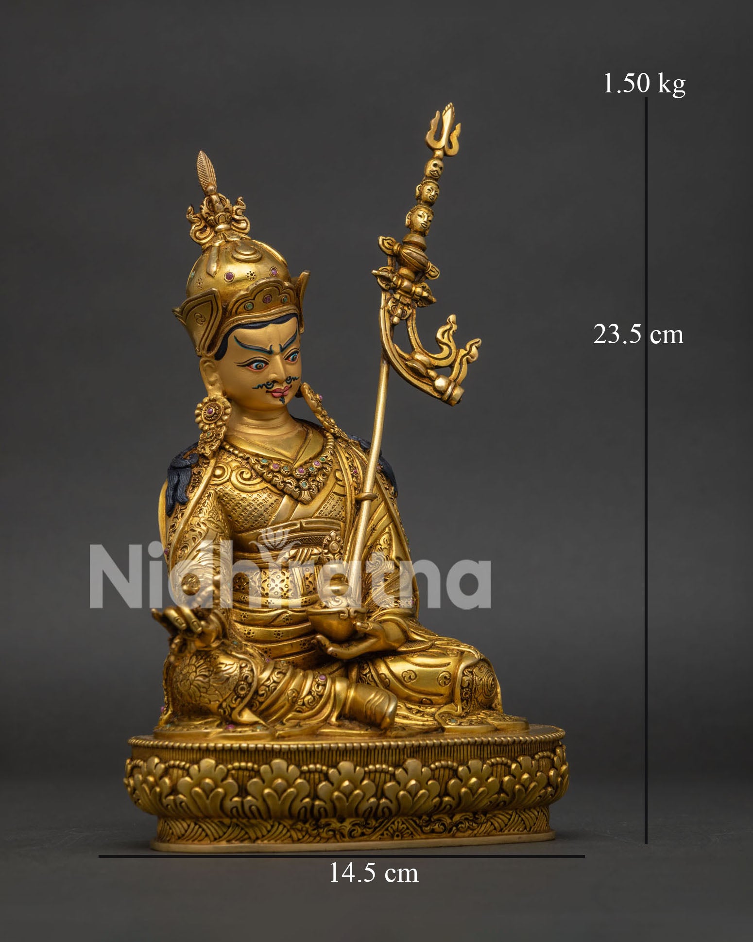Guru Rinpoche Statue seated on lotus pedestal holding vajra and kapala with sacred details