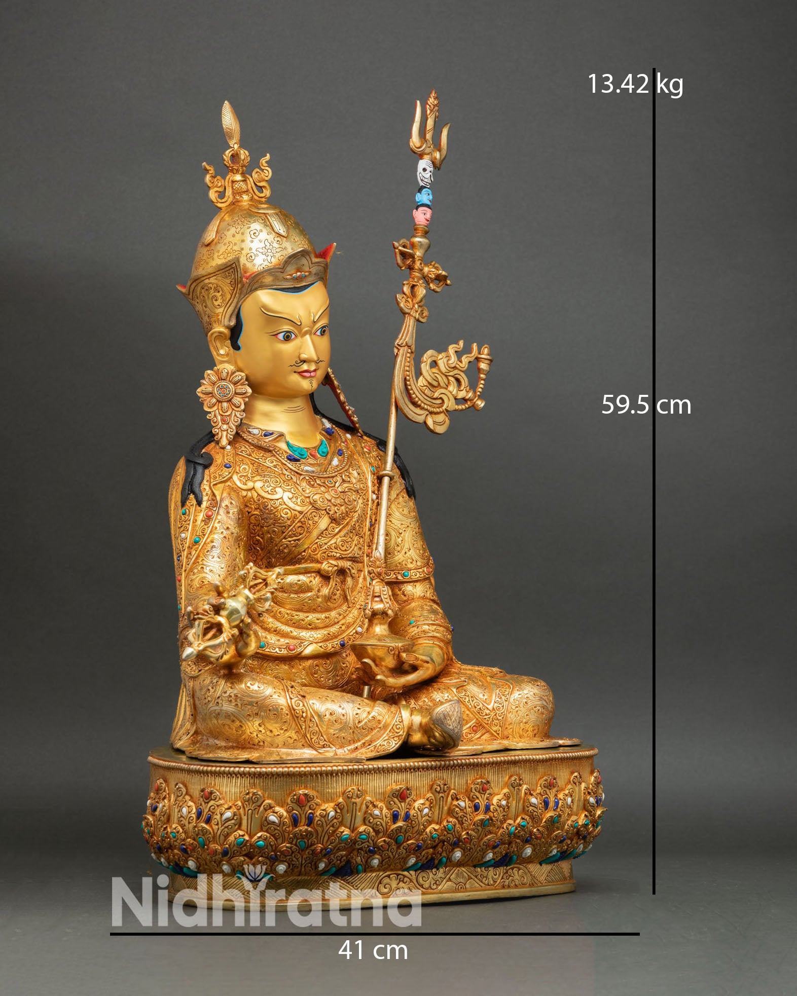 Guru Rinpoche statue side view seated royal ease lotus seat tantric buddhist sculpture nepal newari craftsmanship