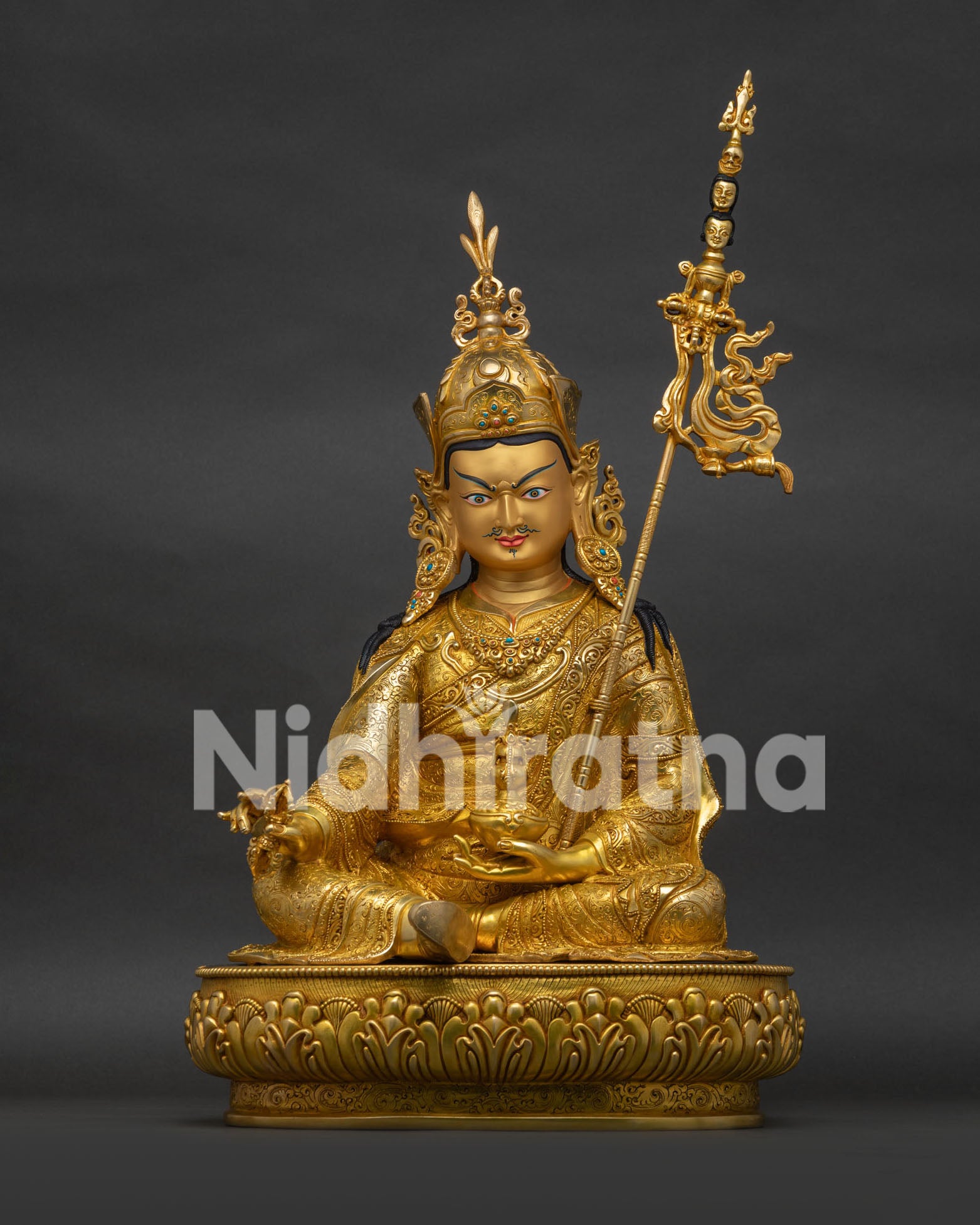 Guru Rinpoche Statue with 24K Gold Fire Gilding and Semi Precious Stones from Nepal