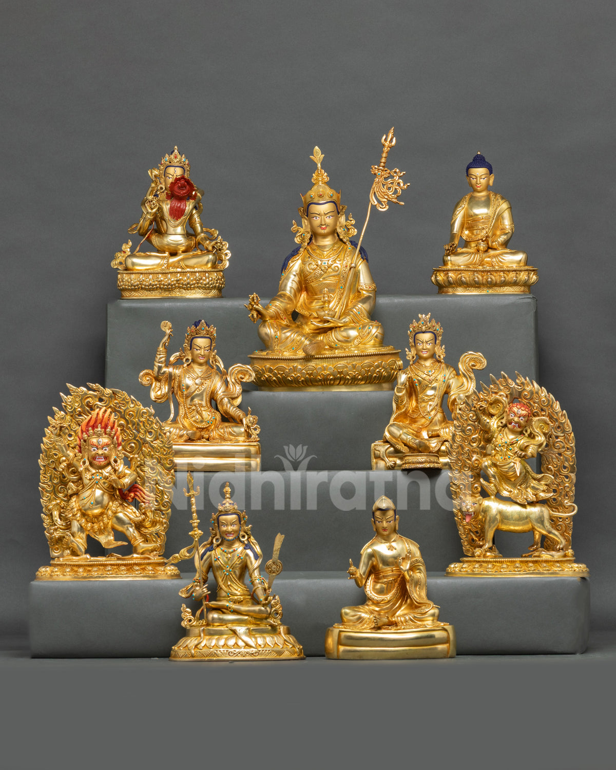 Guru Sangye statue set, Padmasambhava and his eight manifestations in 24K gold fire-gilded copper