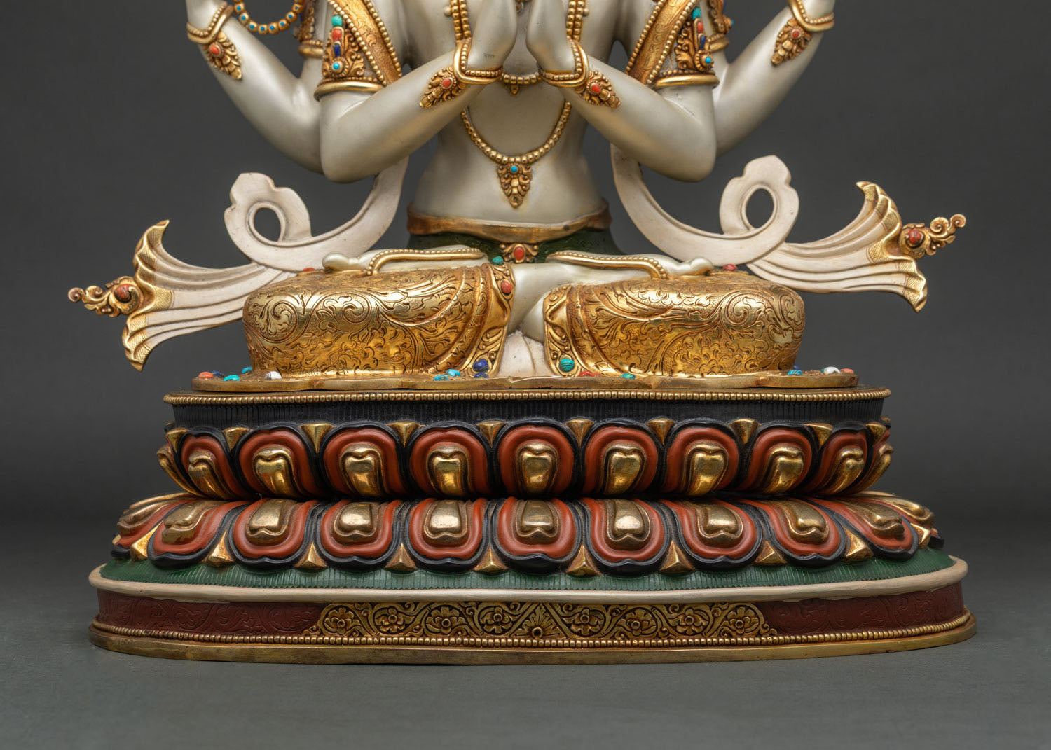 Hand-carved double-layered lotus throne base of Four-Armed Chenrezig statue
