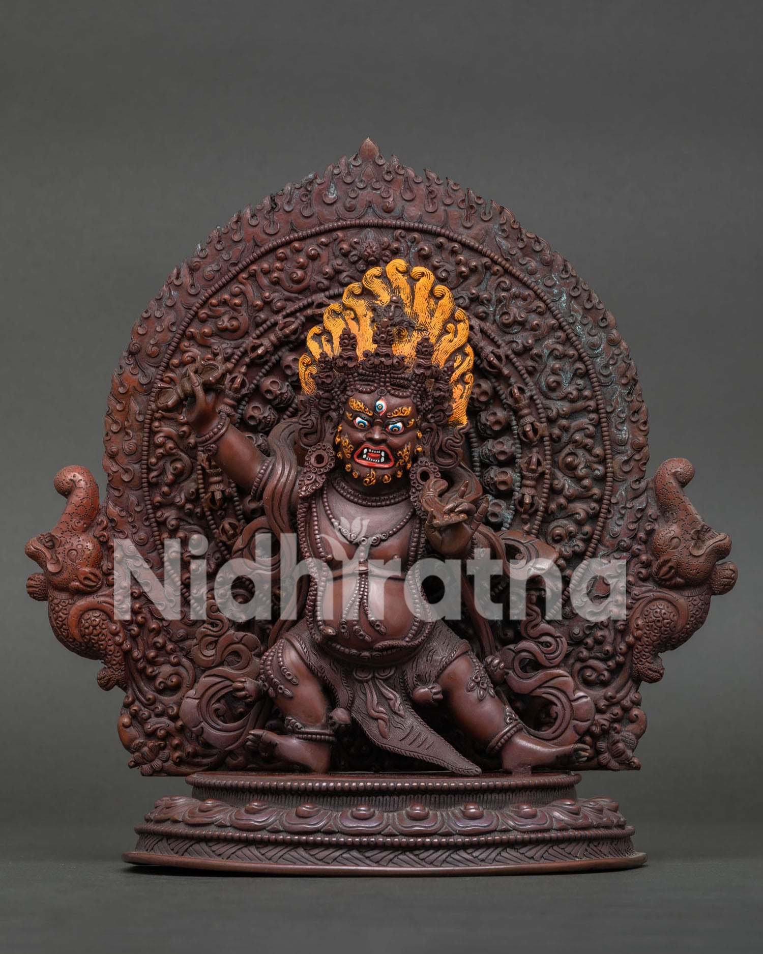 Hand-Carved Vajrapani Statue Front View Oxidized Copper Buddhist Protector Made in Nepal