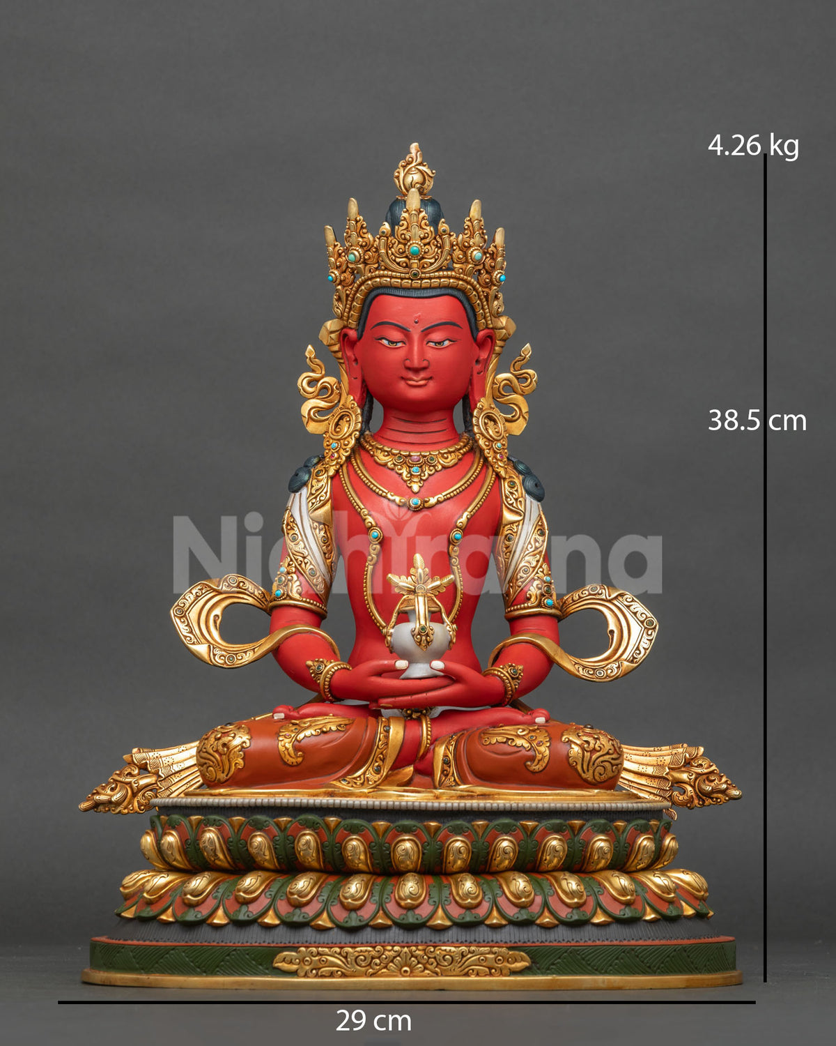 Hand-painted Amitayus Buddha statue front view with gold-gilded crown and Kalasha vase