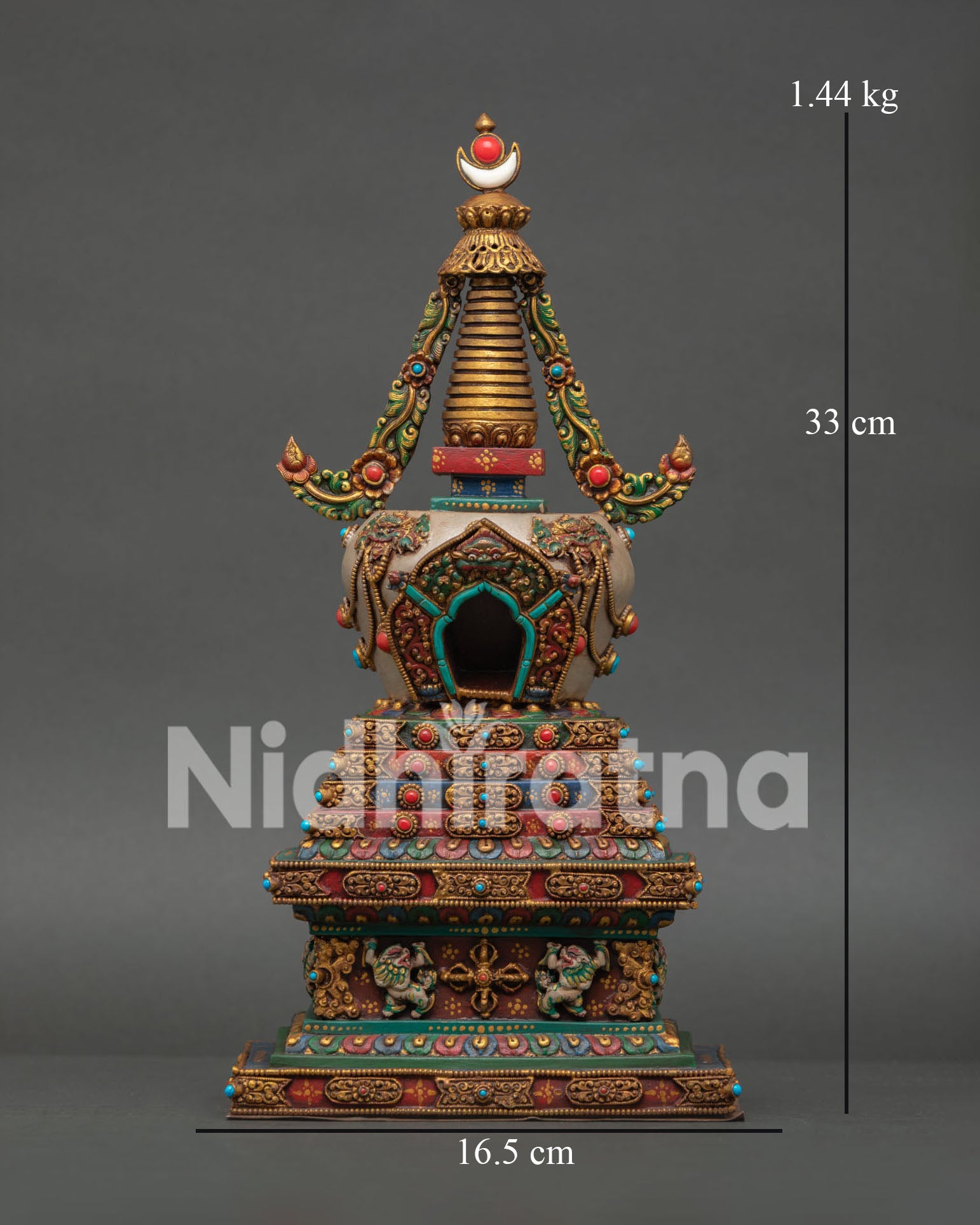 Hand Painted Copper Buddhist Stupa with Snow Lions, Double Vajra, and Turquoise, Coral Stone Inlays