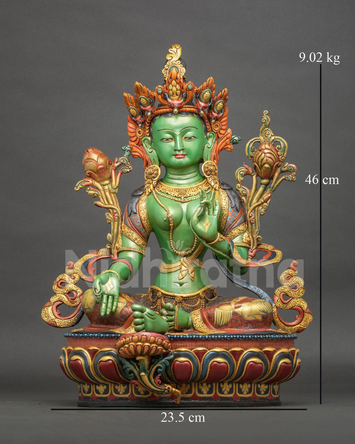 Hand-painted Green Tara statue seated on lotus pedestal, front view, handcrafted in Nepal