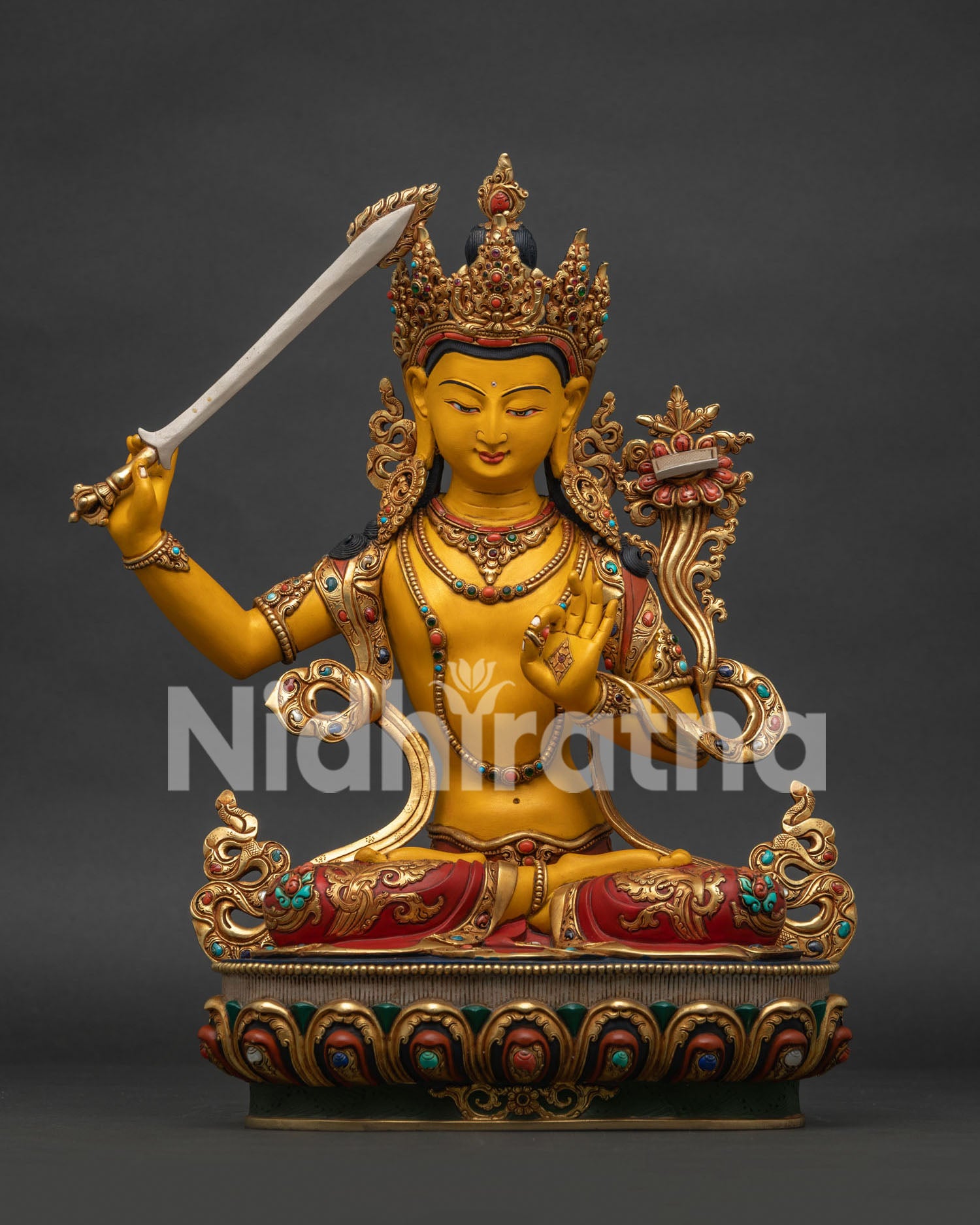 Hand-painted Manjushri statue front view with flaming sword of wisdom and heart mudra