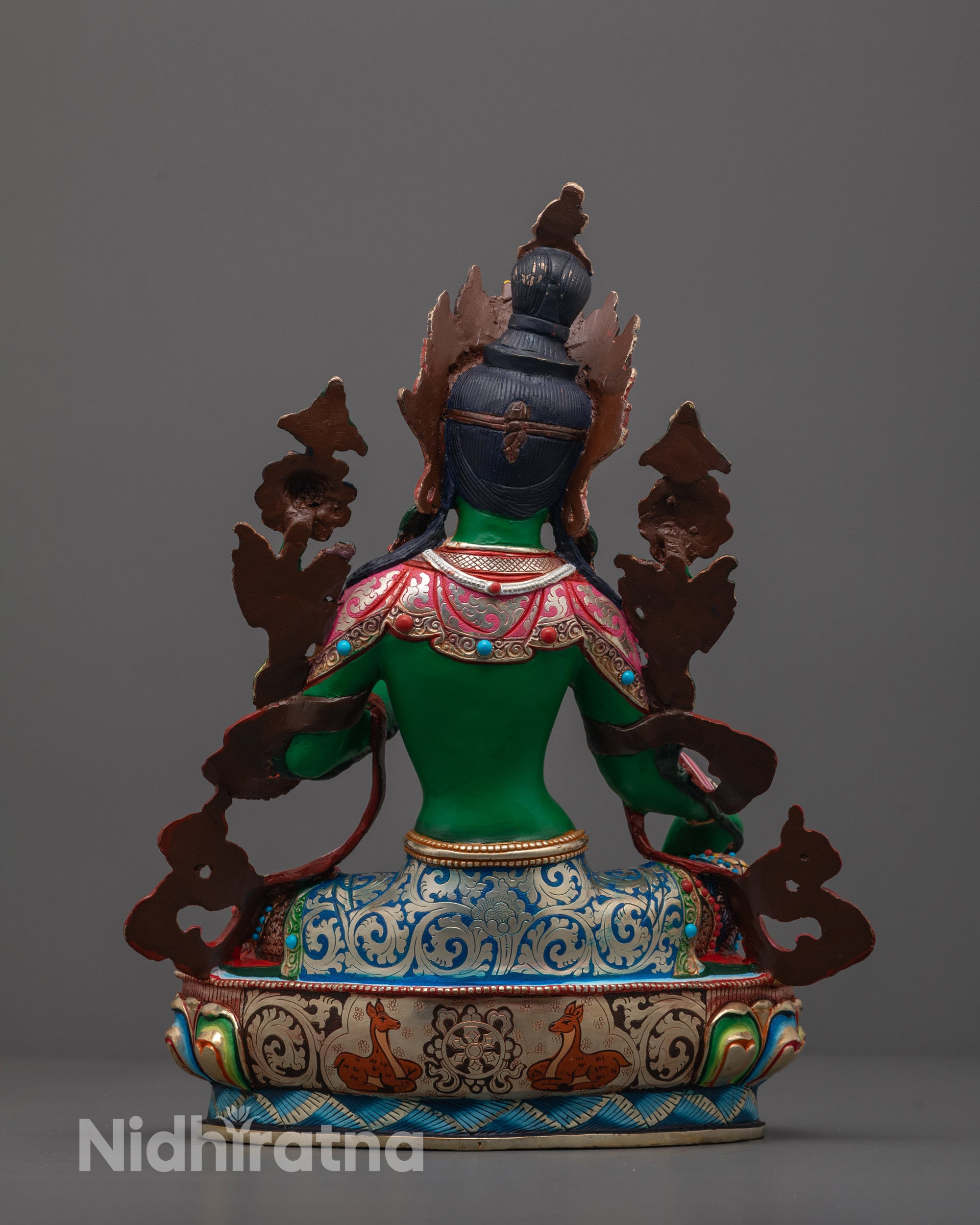 hand-painted Green Tara Statue in serene standing posture adorned with green acrylic color