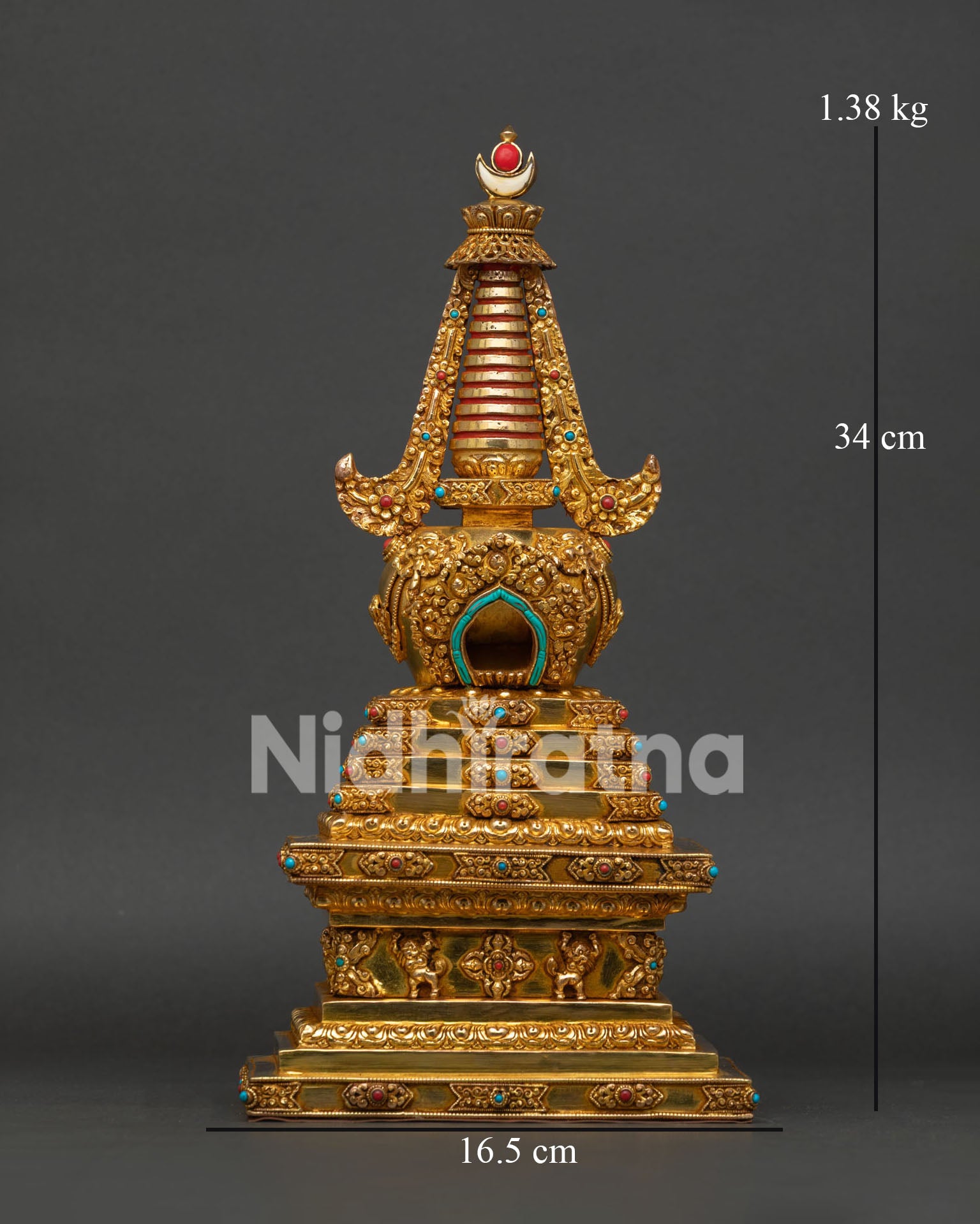 Handcrafted 24K Gold Plated Buddhist Stupa, Made by Newari Artisans in Patan, Nepal