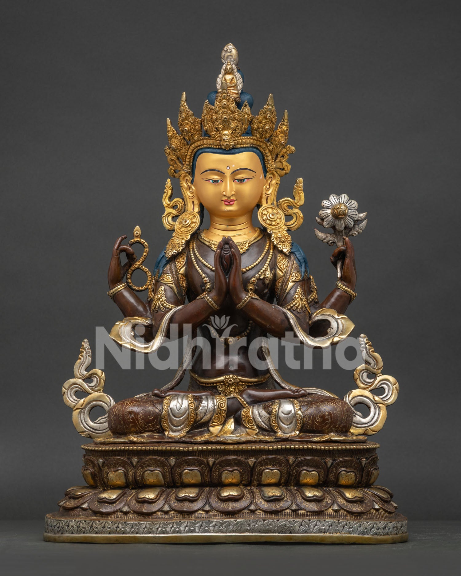 Handcrafted 4-armed Chenrezig Avalokiteshvara copper statue with gold gilding and lotus throne, front view.