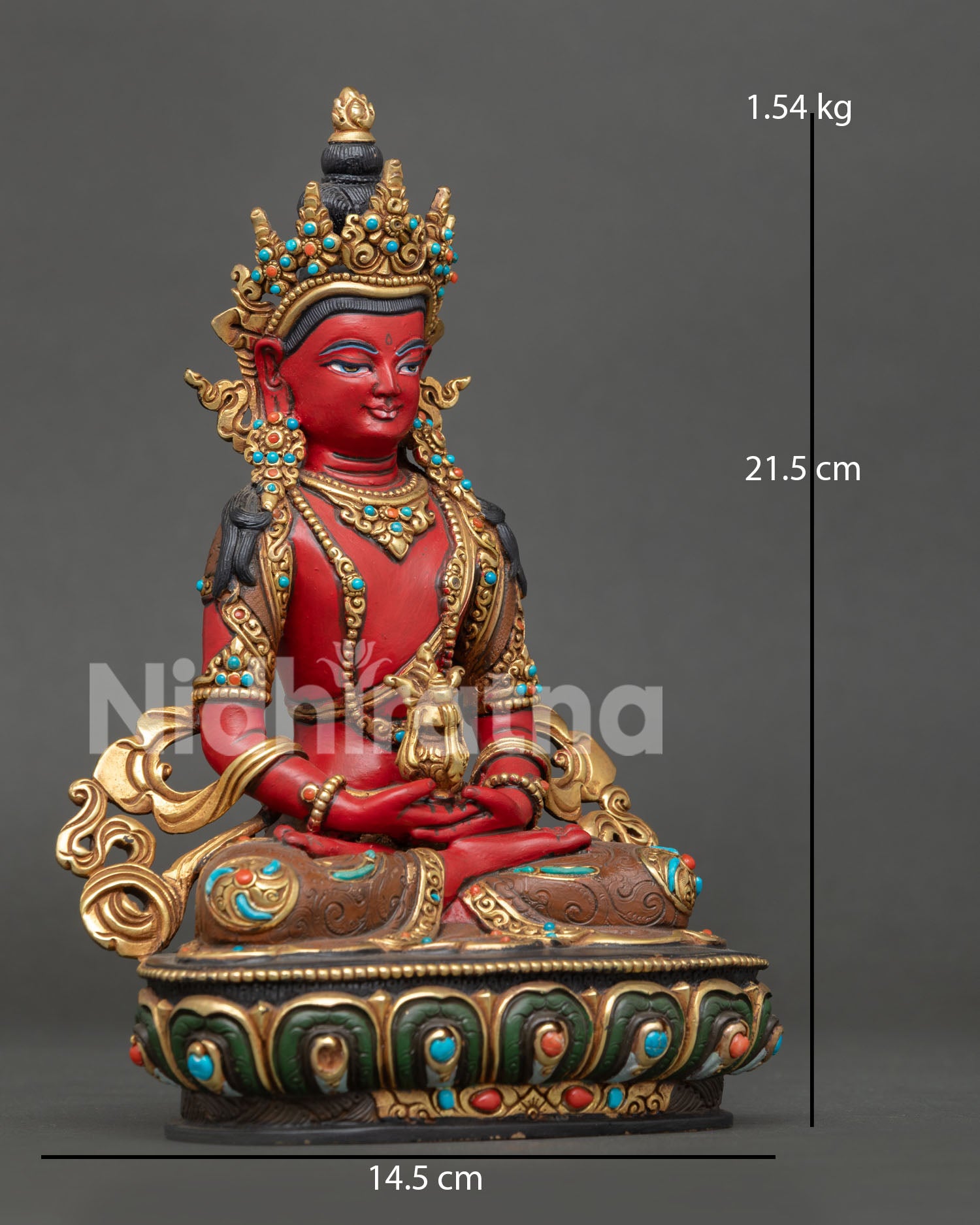 Handcrafted Amitayus Buddha Statue from Nepal with turquoise coral stone adornments