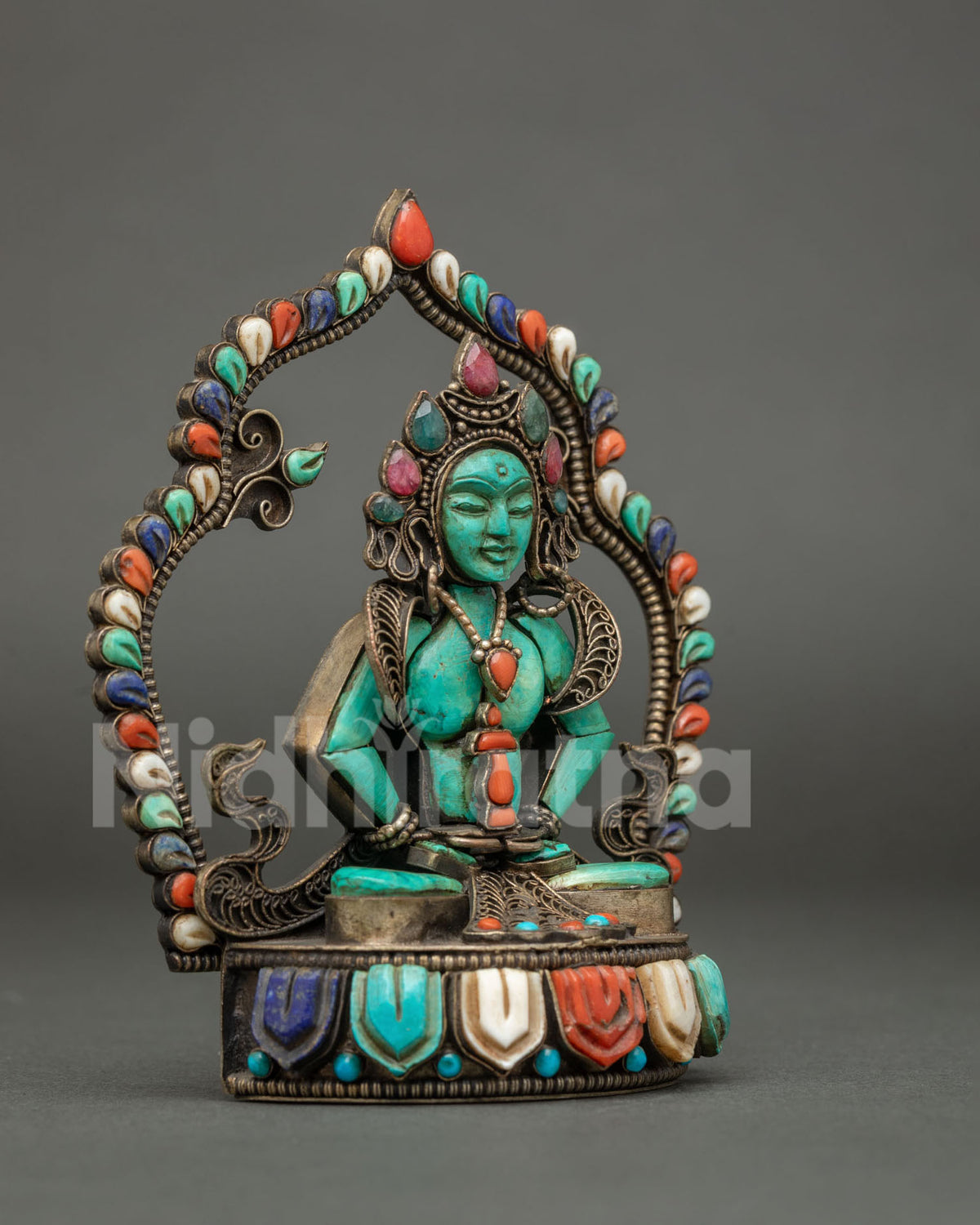 Handcrafted Amitayus Buddha statue holding the vase of longevity on a precious stone lotus seat