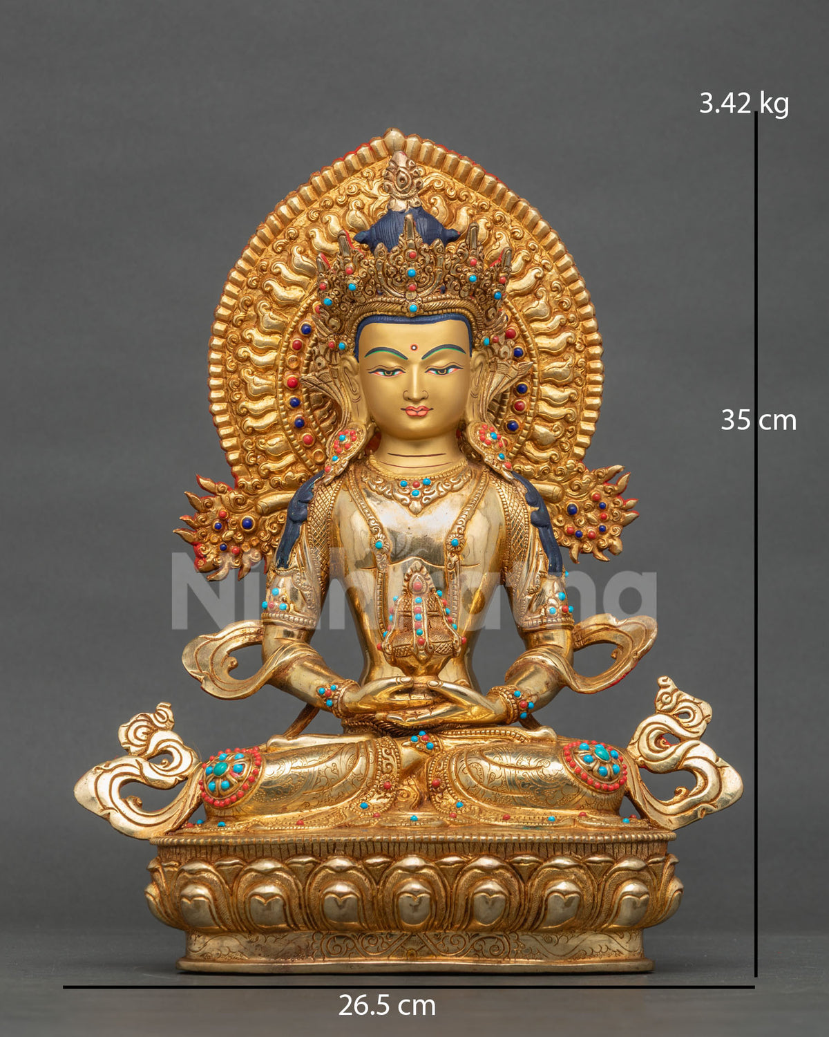 Handcrafted Amitayus Buddha statue made from copper with 24K gold gilding by Newari artisans in Patan, Nepal.