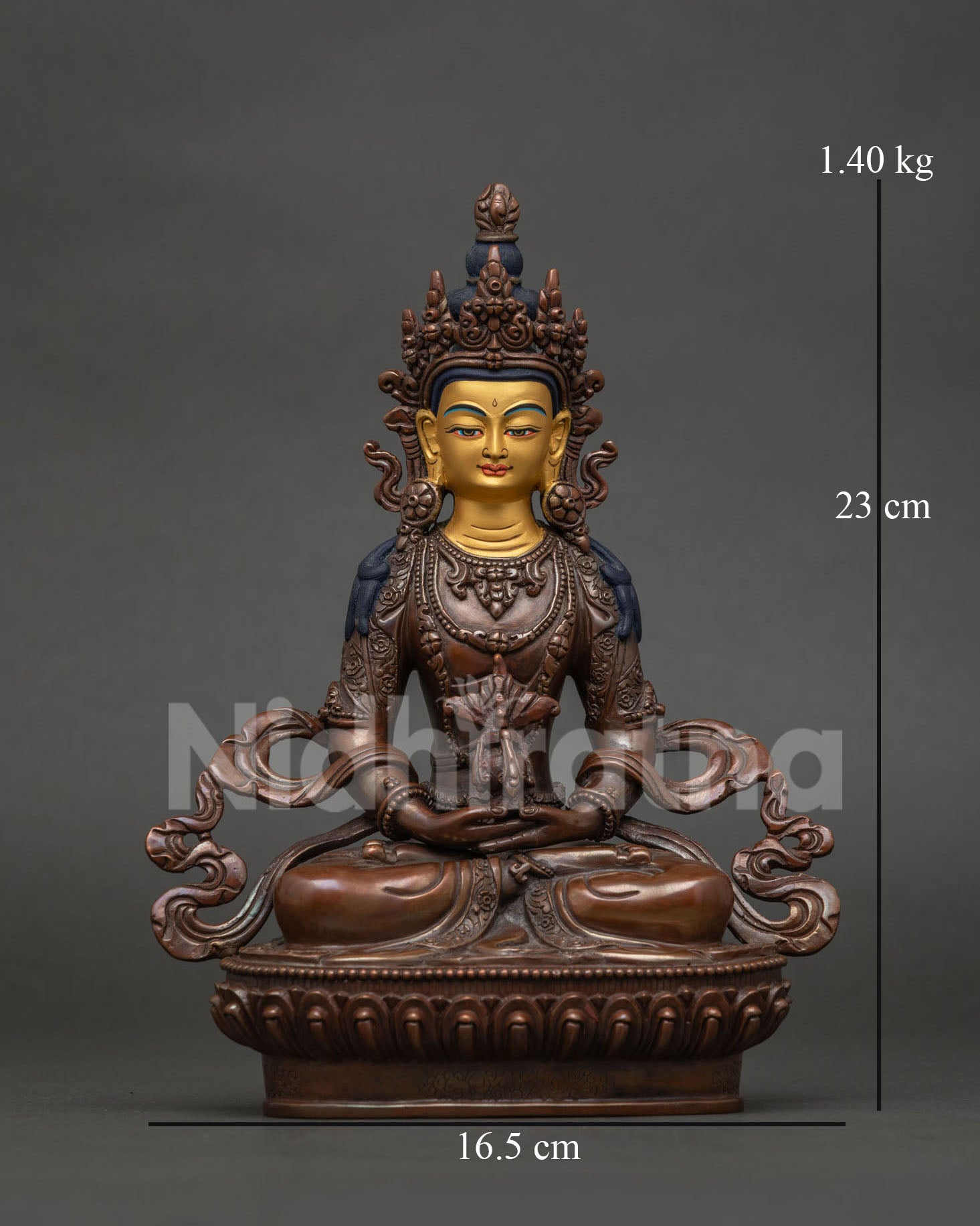 Handcrafted Amitayus Statue Newari Copper Art Patan Nepal Gold Painted Face Front View.