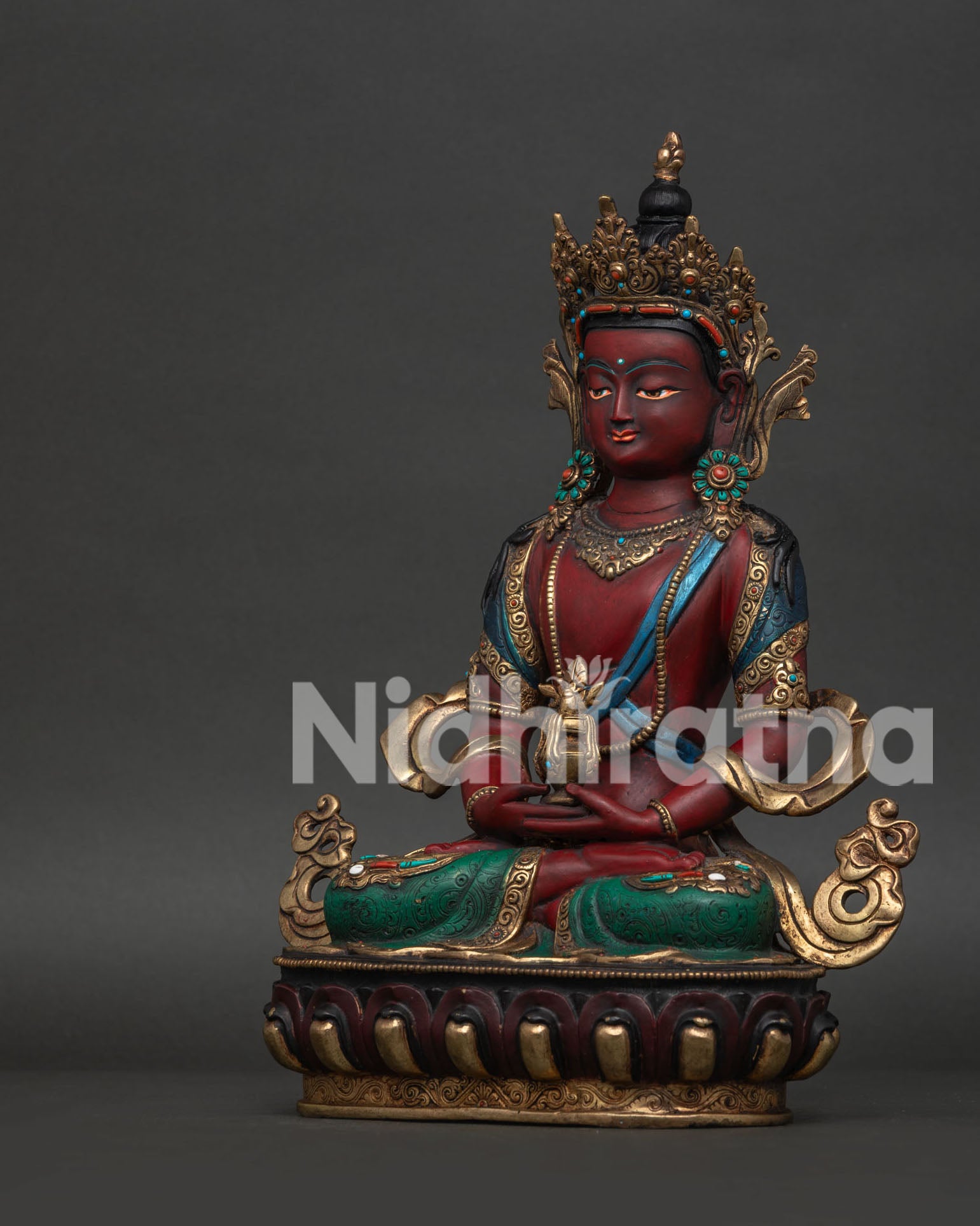 Handcrafted Amitayus Statue with Kalasha and Semi Precious Stones.