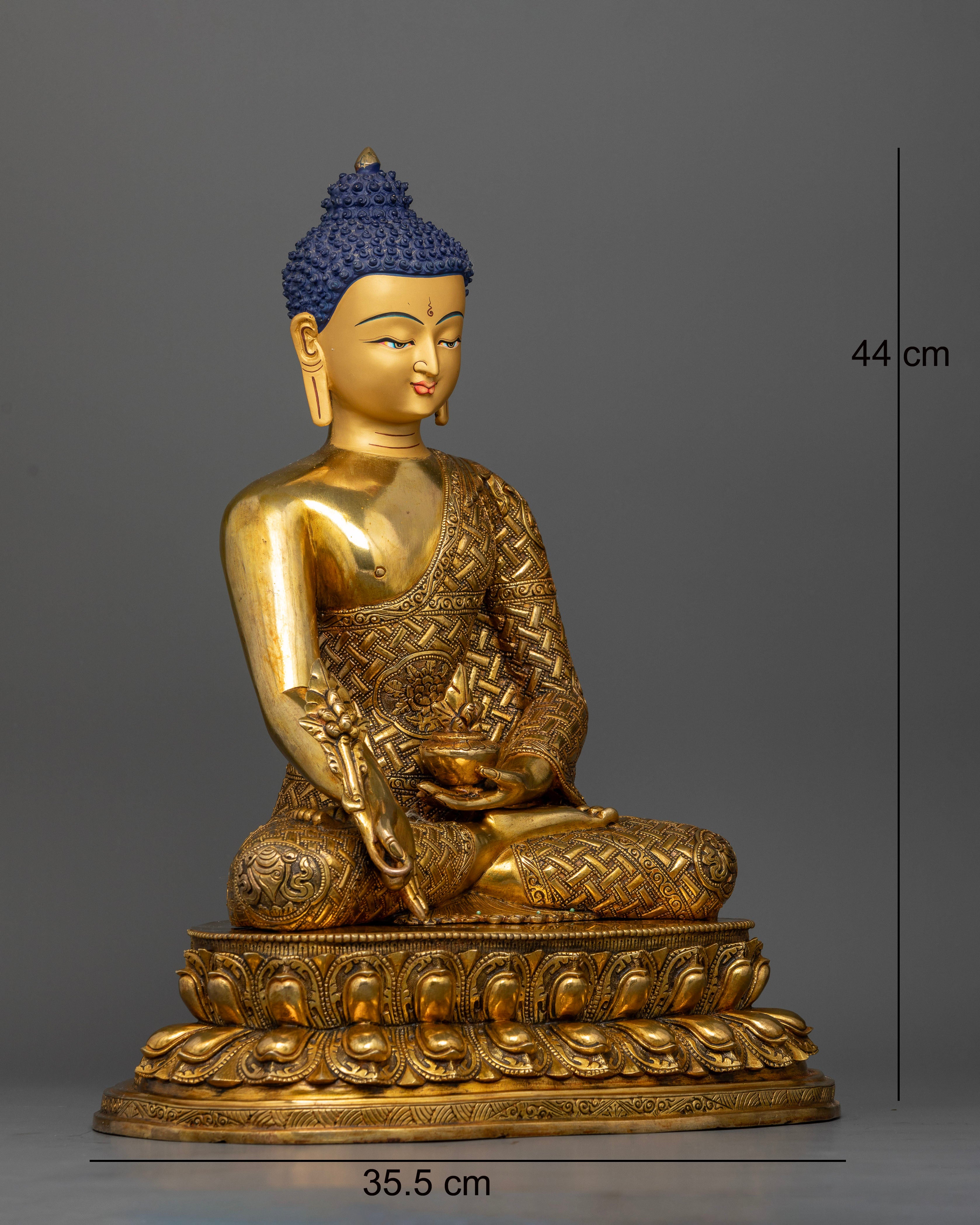 Handcrafted Bhaisajyaguru Statue with Double Lotus Throne and Myrobalan Stem