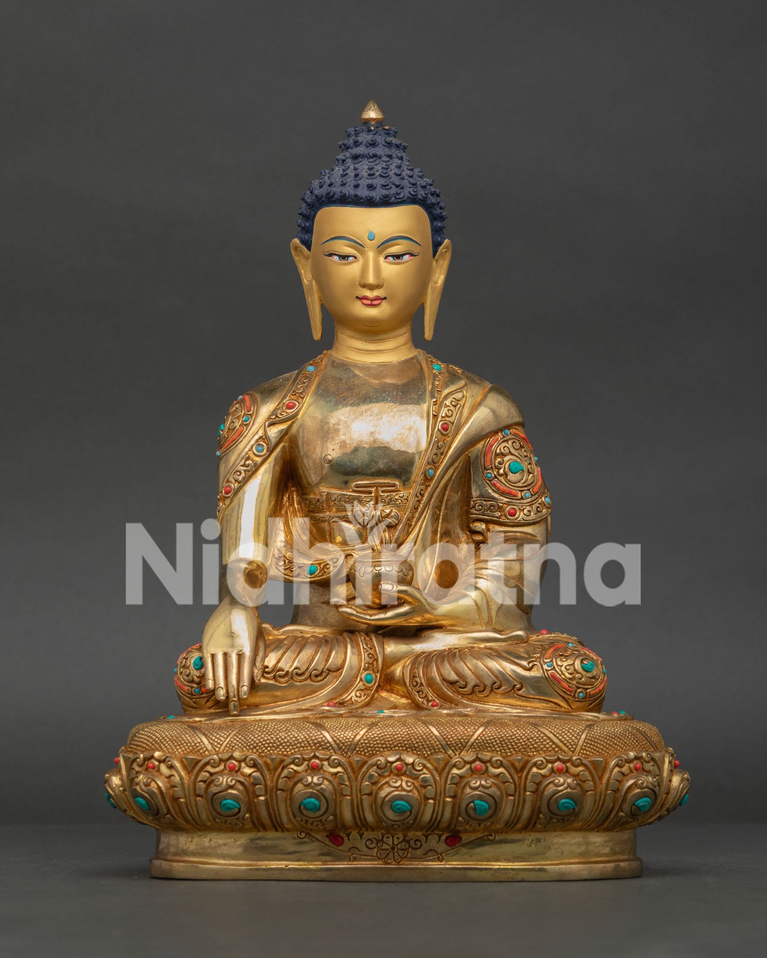 Handcrafted Buddha Shakyamuni Statue in 24K Gold Fire Gilded Copper on Lotus Throne