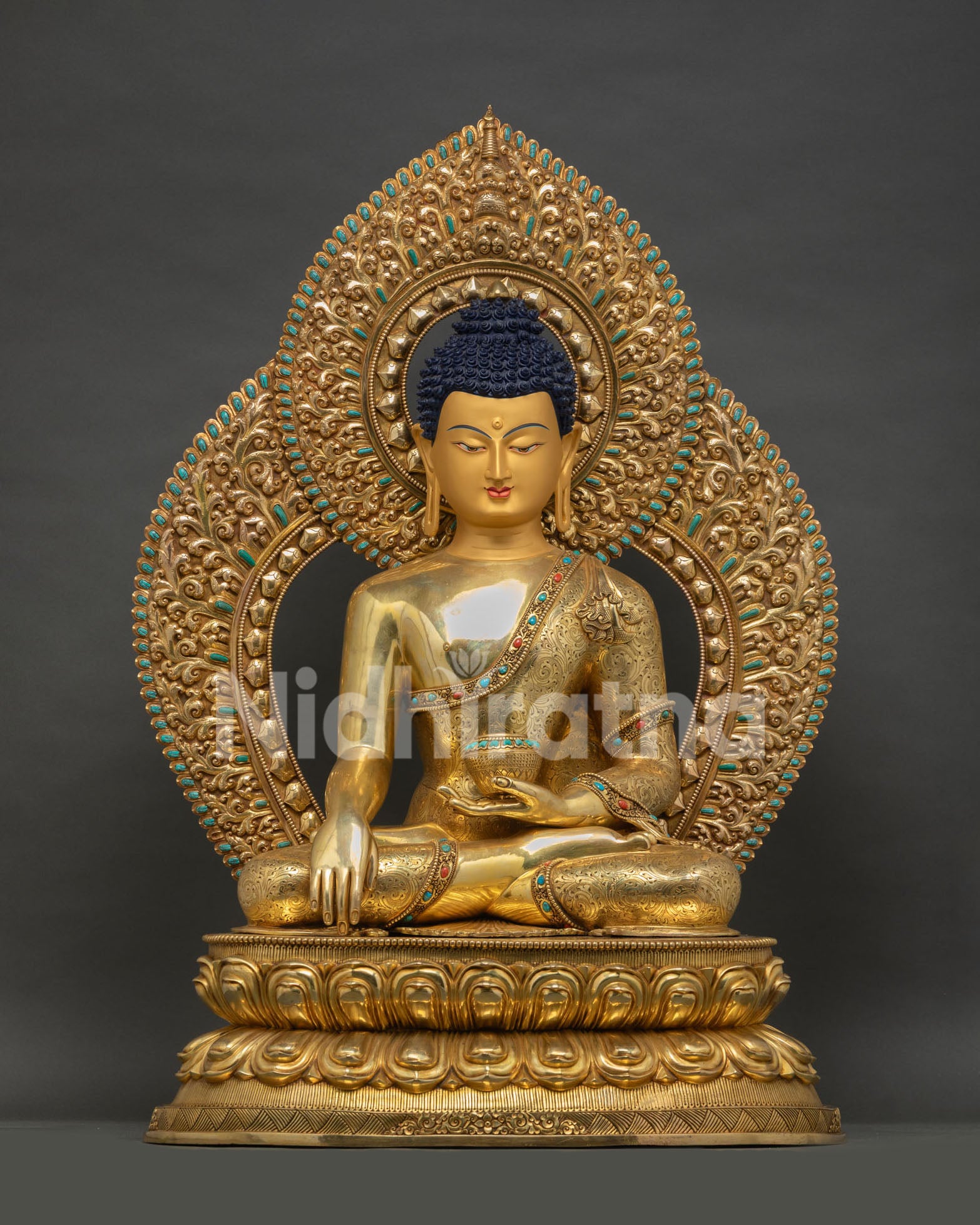 Handcrafted Buddha Shakyamuni Statue with ornate golden halo backdrop, full frontal view