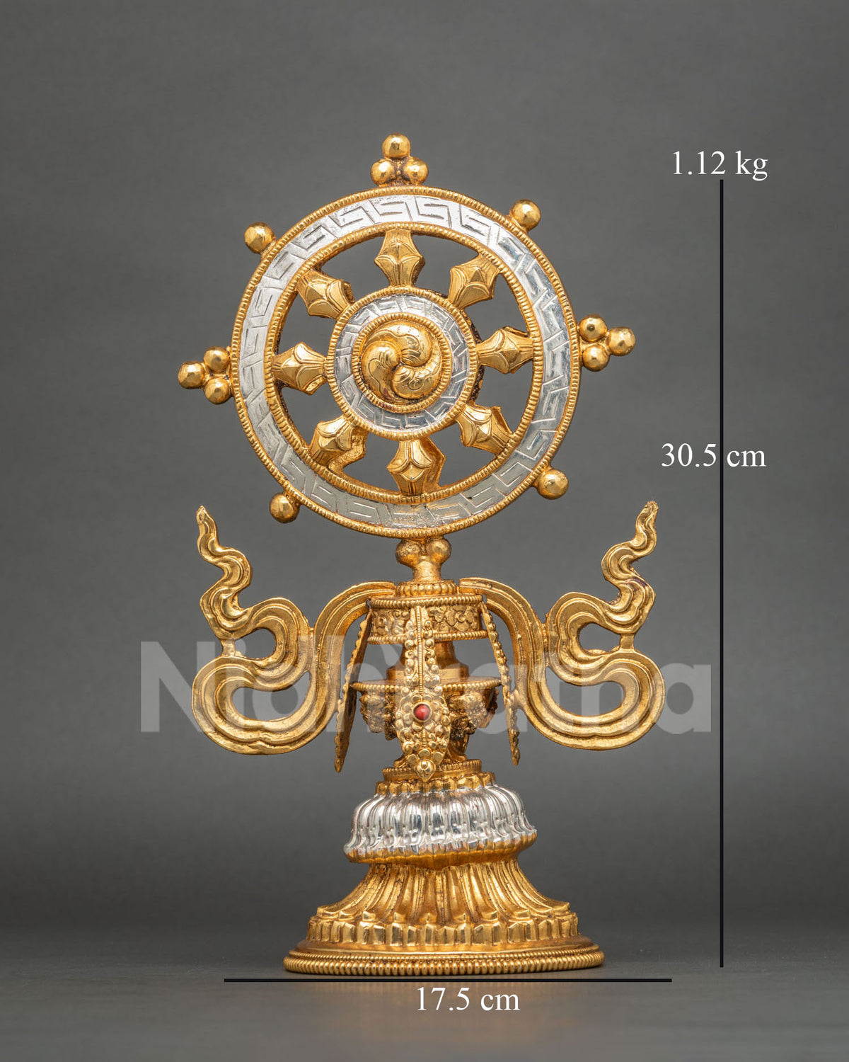 Handcrafted Buddhist Dharma Wheel with gold-plated and silver-plated copper finish