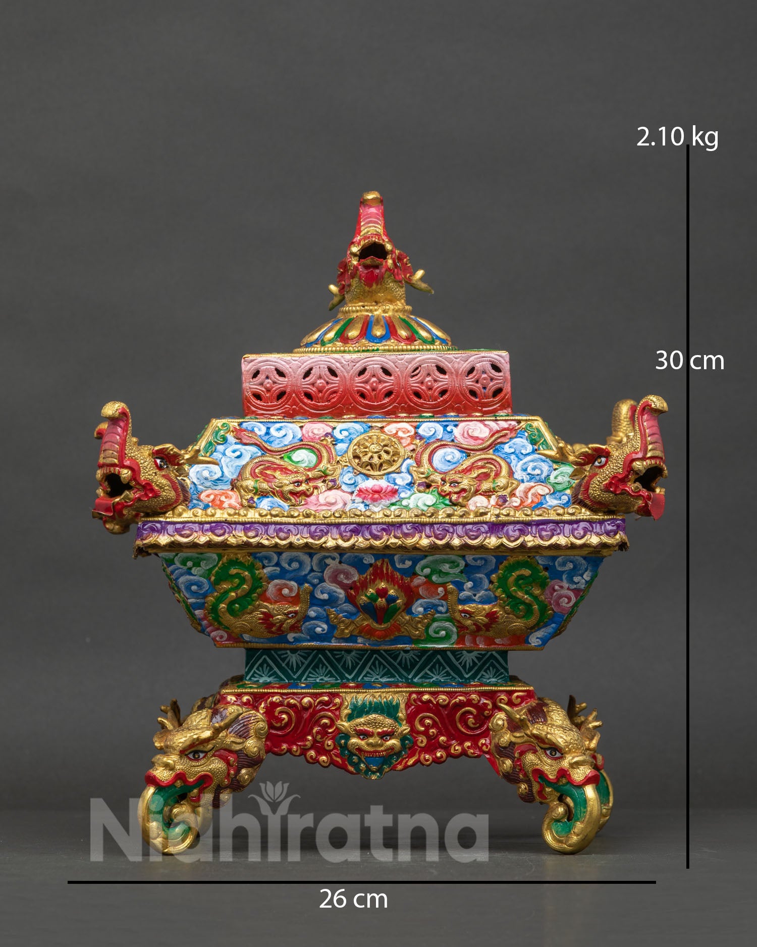 Handcrafted Buddhist incense burner in copper with gold gilded details from Nepal