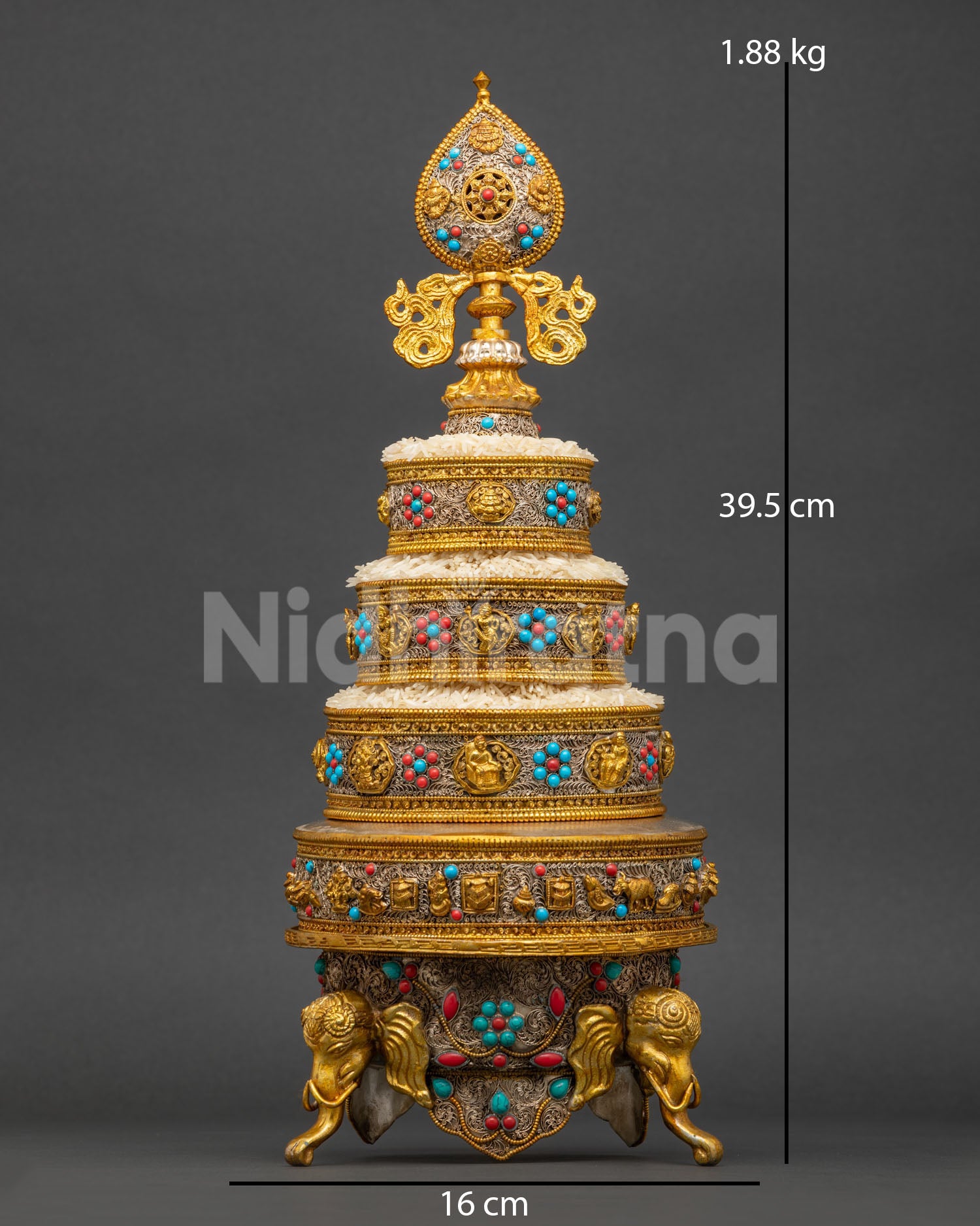 Handcrafted Buddhist Mandala Offering Set from Nepal with gold-plated copper and filigree