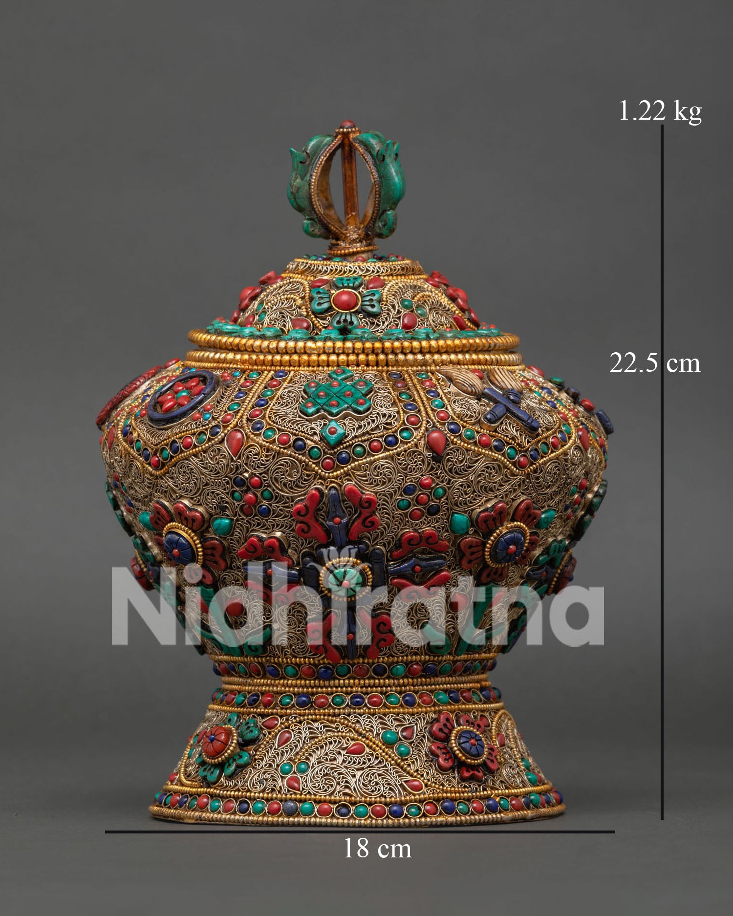 Handcrafted Buddhist Rice Pot from Nepal with Gold Plated Copper Finish and Semi Precious Stone Inlays
