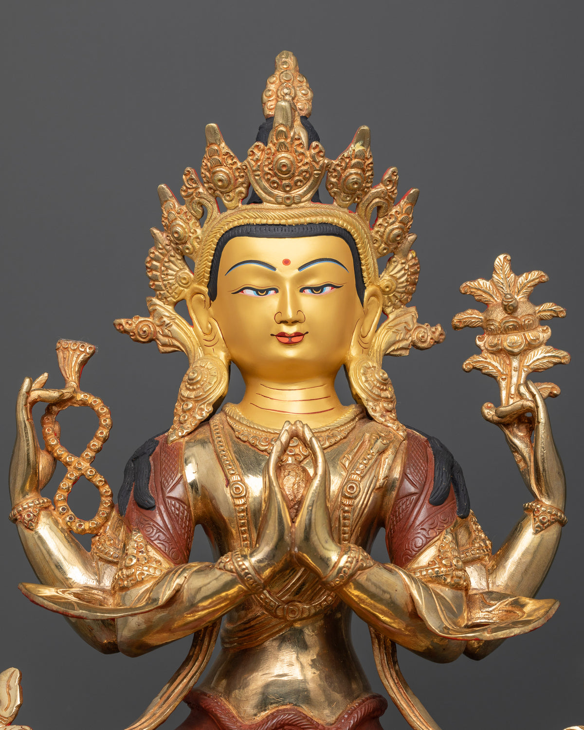 Handcrafted Chenrezig Statue from Patan, Nepal with Gold-Painted Face