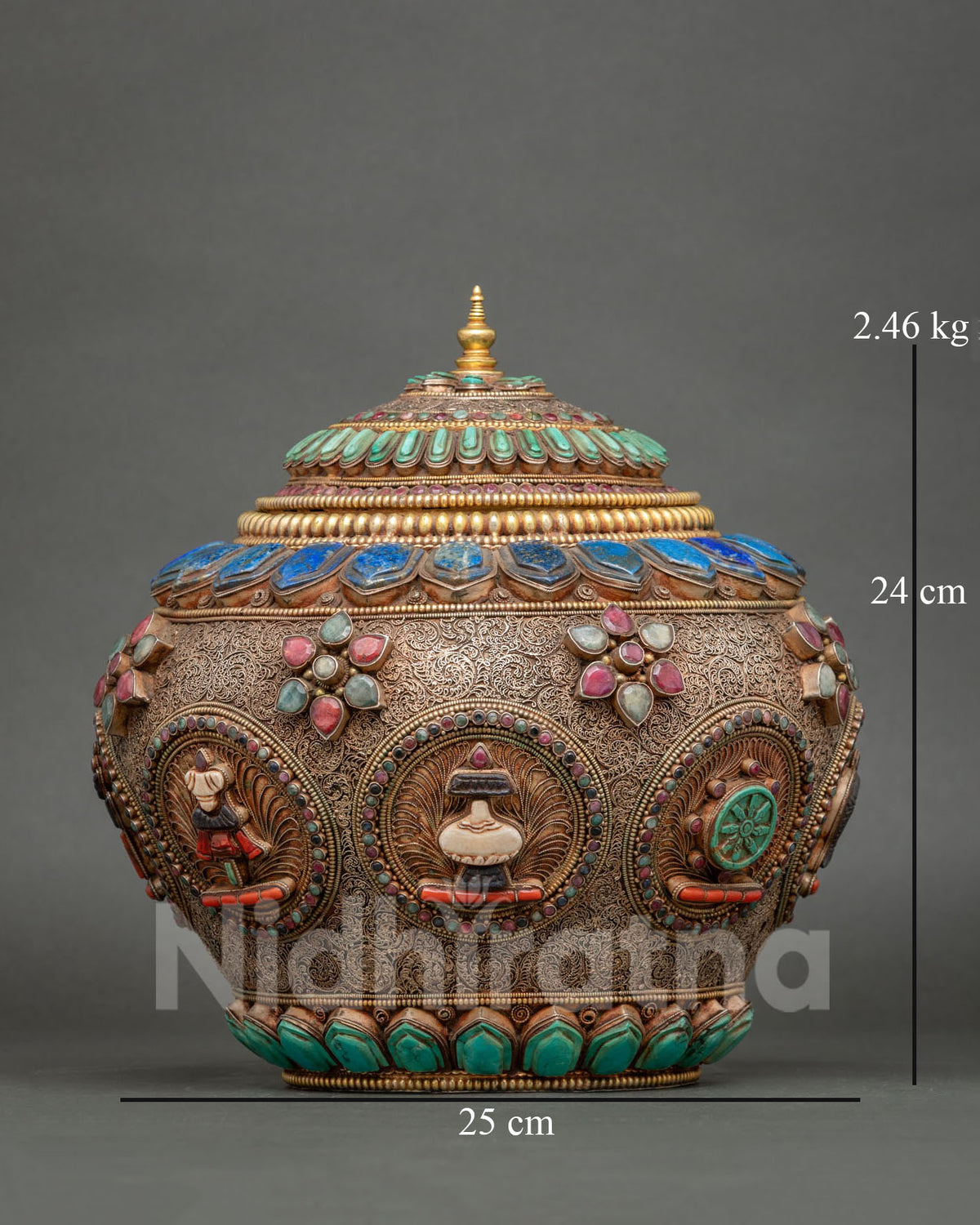 Handcrafted copper Buddhist rice pot with intricate filigree from Nepal