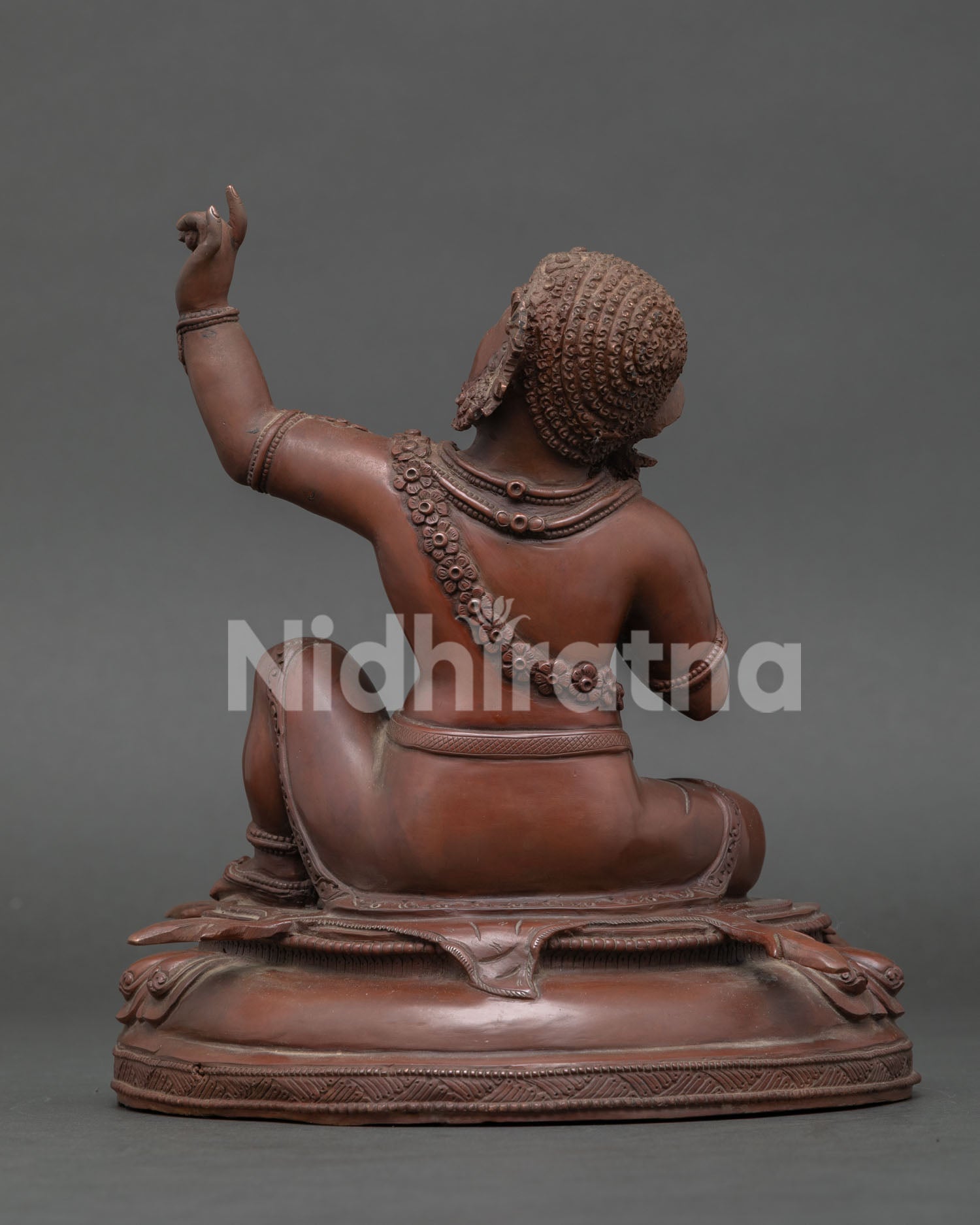 Handcrafted copper Virupa statue, seated on carved lotus throne with deer skin and ornaments