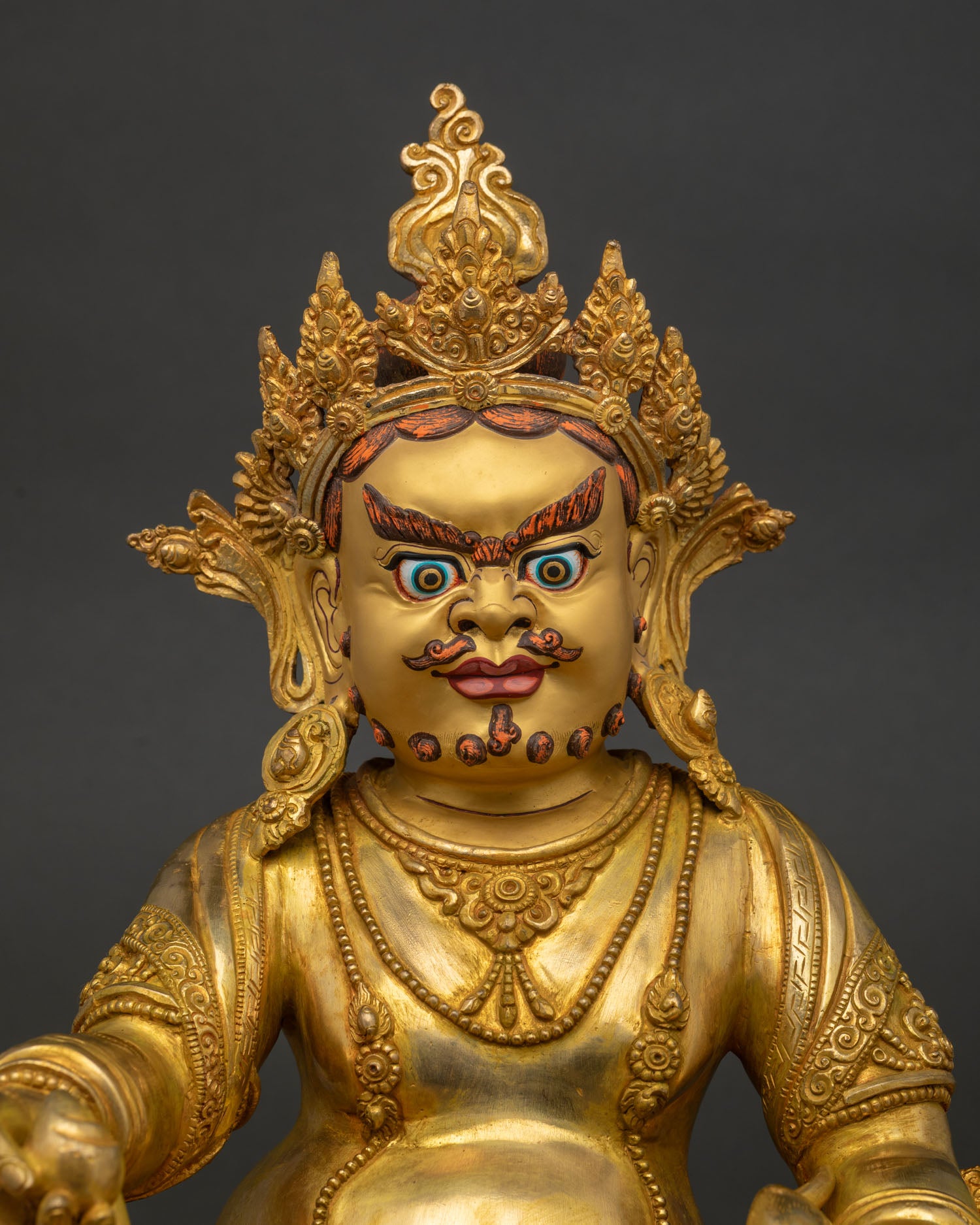 Handcrafted Dzambhala Statue Close Up Showing Gold-Gilded Copper Details