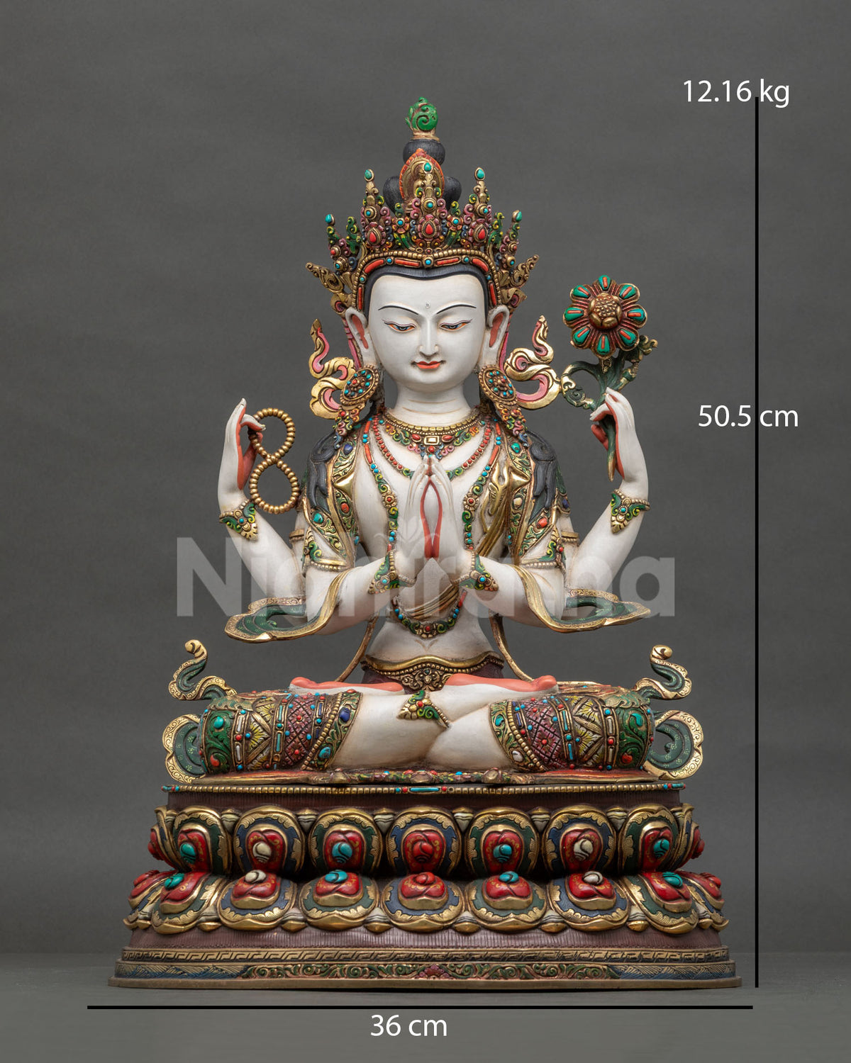 Handcrafted four-armed Chenrezig statue from Nepal in full front view