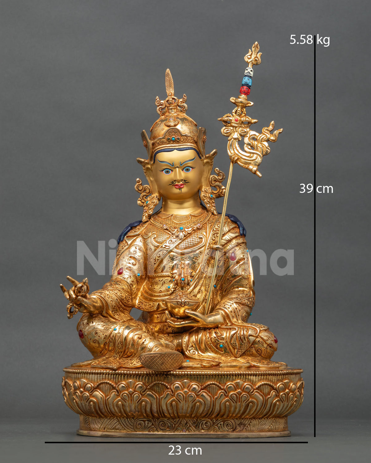 Handcrafted gold gilded Guru Rinpoche statue seated on a lotus throne, front view