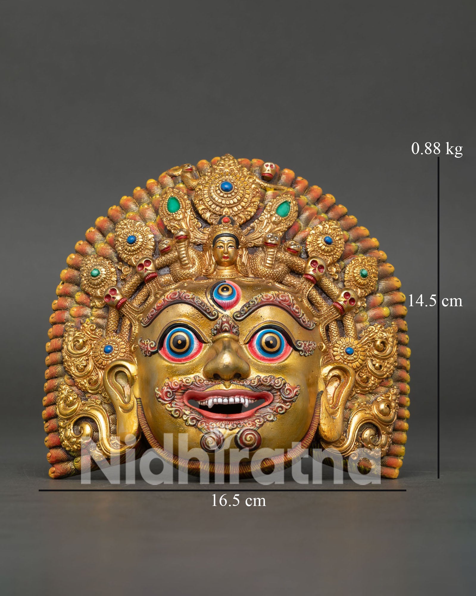 Handcrafted Gold-Plated Bhairav Mask with Semi-Precious Stones from Nepal