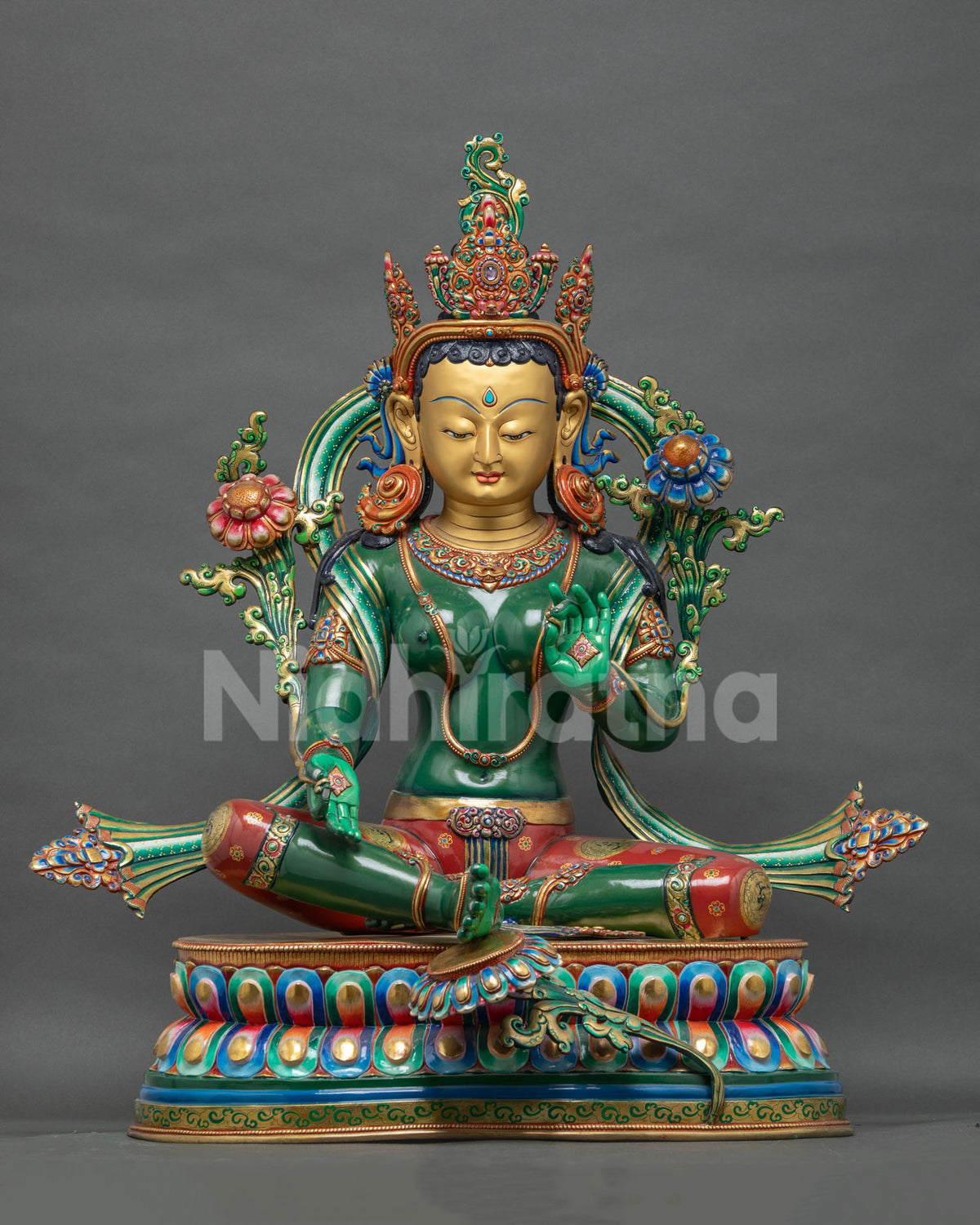 Handcrafted Green Tara copper statue, front view, seated on a hand-painted lotus pedestal