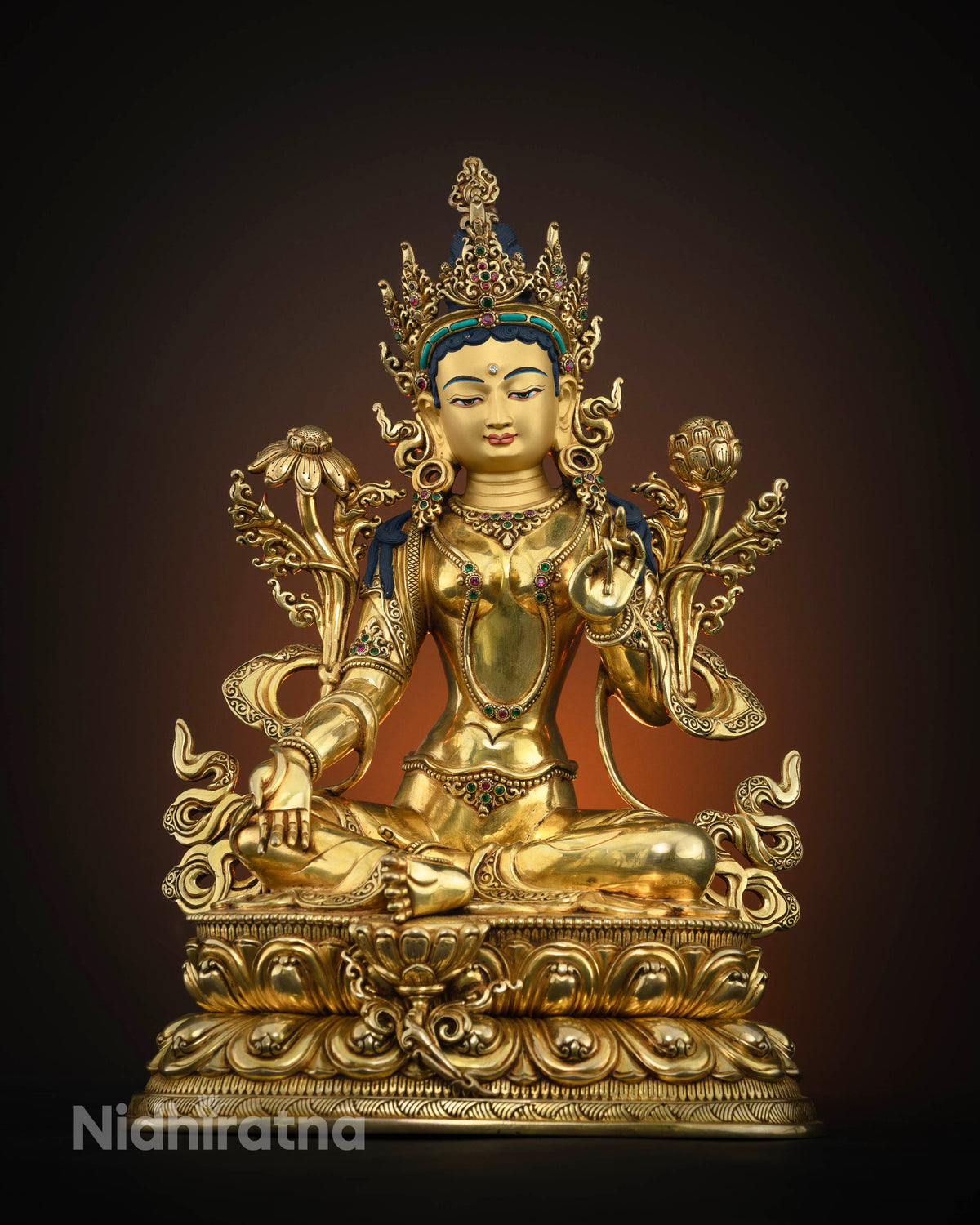 Handcrafted Green Tara statue from Nepal with 24K gold fire gilding and gemstones