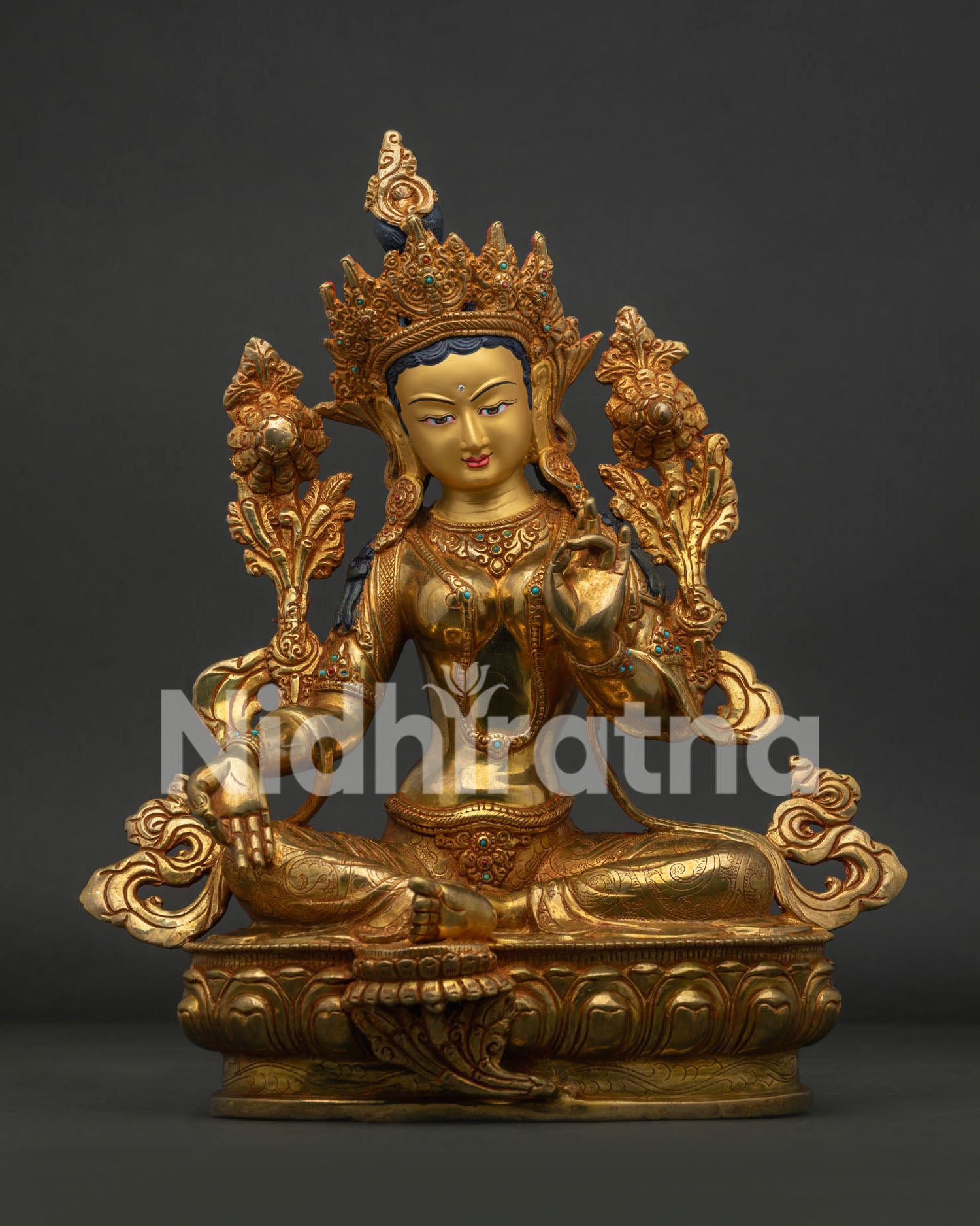 Handcrafted Green Tara Statue in gold gilded copper with gold painted face from Nepal