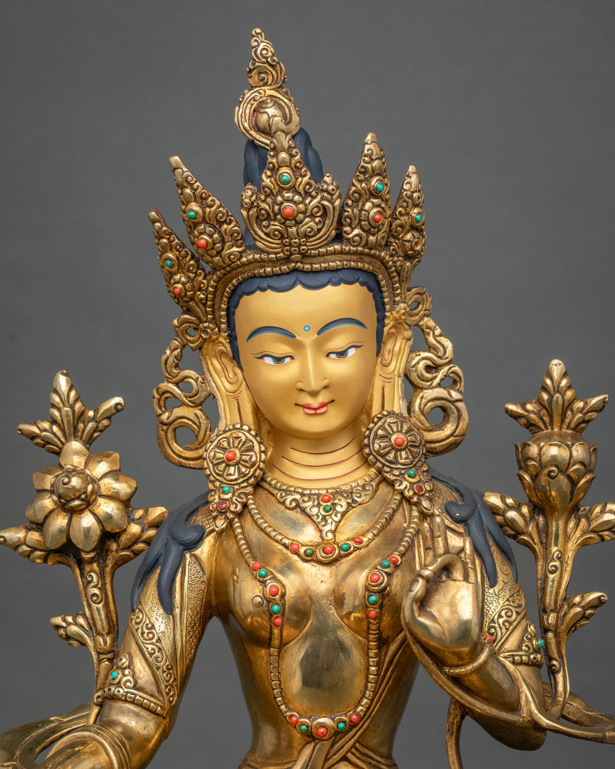 Handcrafted Green Tara Statue from Patan, Nepal with Gold Painted Face