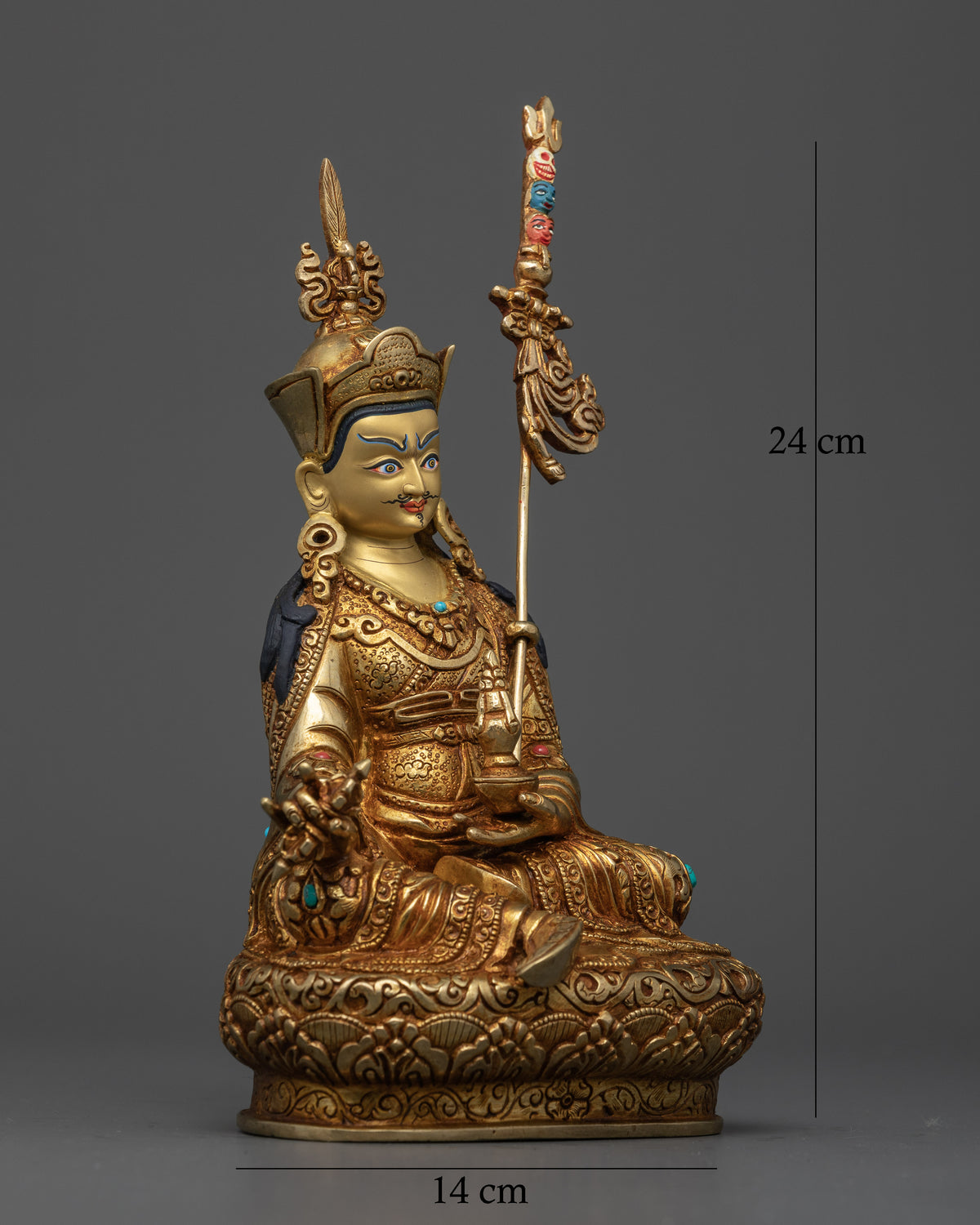 Handcrafted Guru Padmasambhava sculpture seated on a lotus pedestal in Nepal
