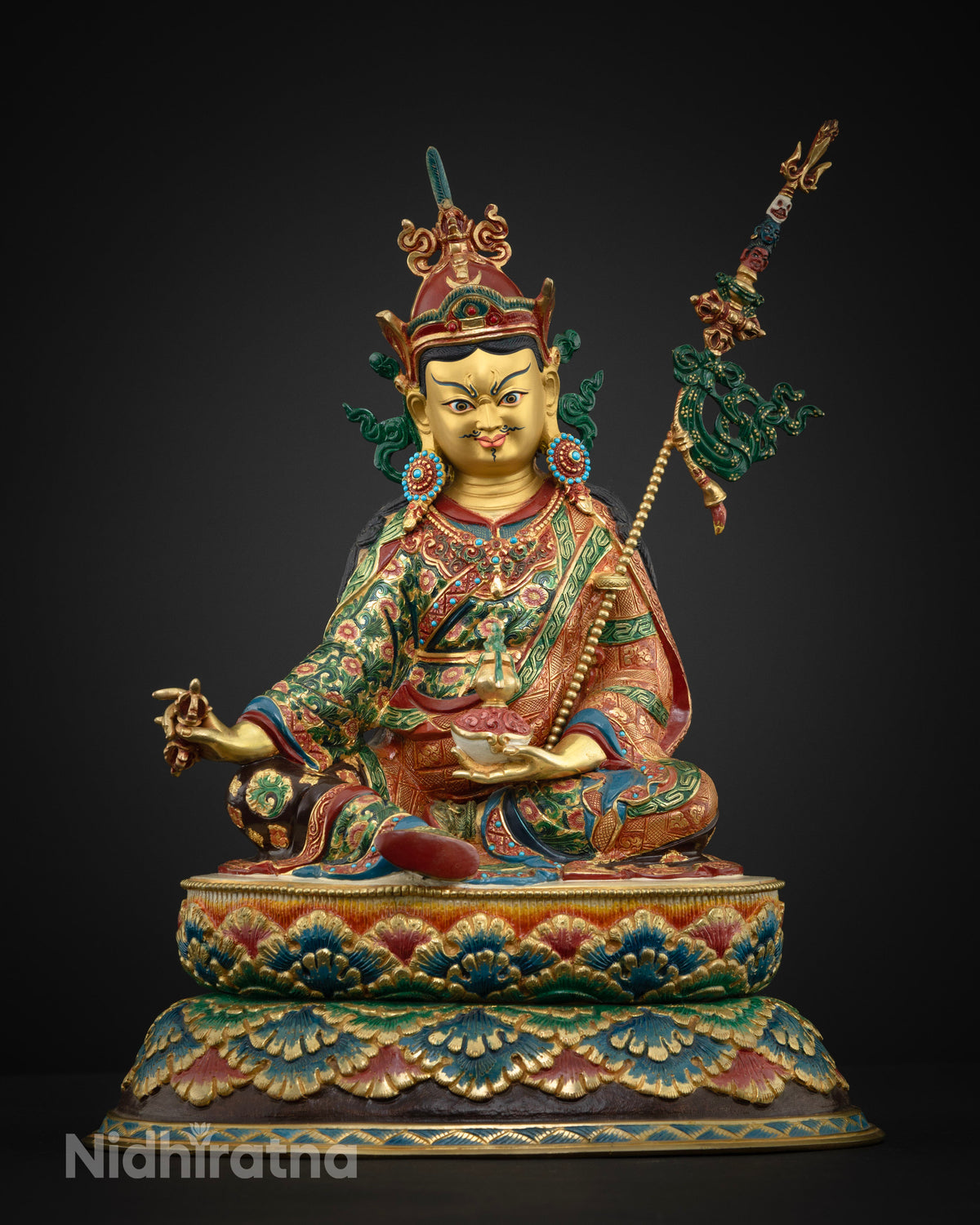 Handcrafted Guru Rinpoche statue seated in royal posture, 24K gold fire-gilded with acrylic colors